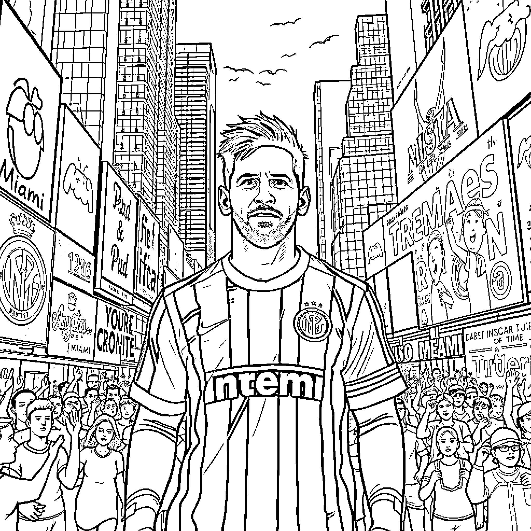 Messi standing tall in a bustling city scene Coloring Page (free black-and-white line drawing printable PDF for all, from beginners to advanced learners, including children, teens, adults, and seniors)