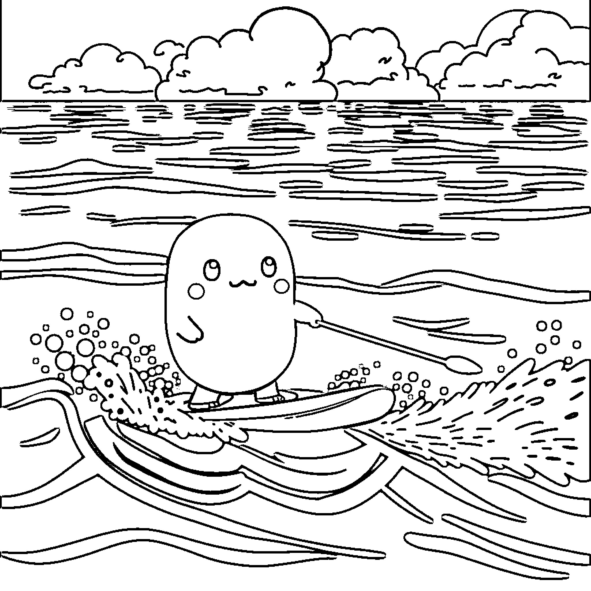 Vicky the Cute Aquatic Creature Splashing in the Ocean Coloring Page (free black-and-white line drawing printable PDF for all, from beginners to advanced learners, including children, teens, adults, and seniors)