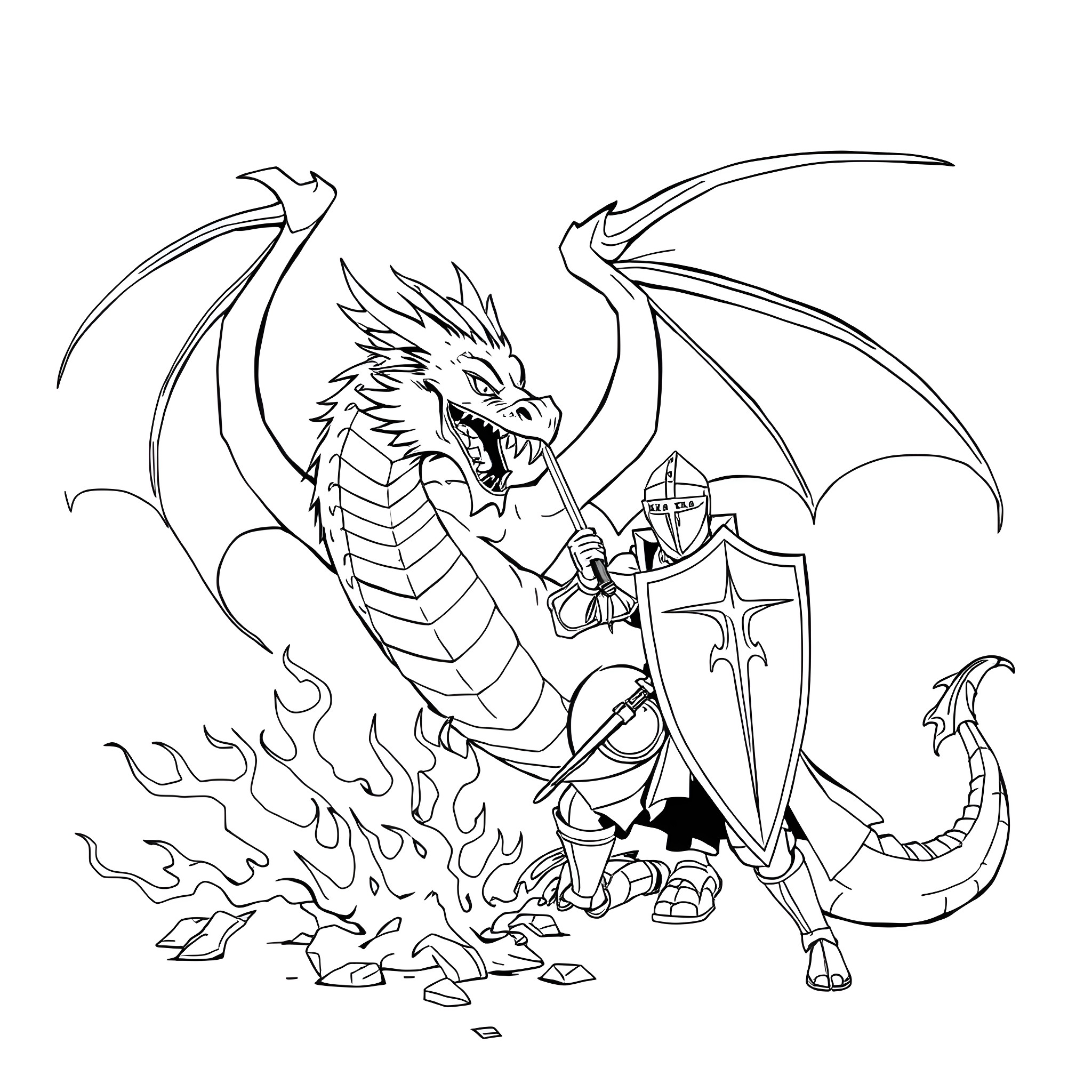 Dragon Knight battling a fierce dragon in battle Coloring Page (free black-and-white line drawing printable PDF for all, from beginners to advanced learners, including children, teens, adults, and seniors)