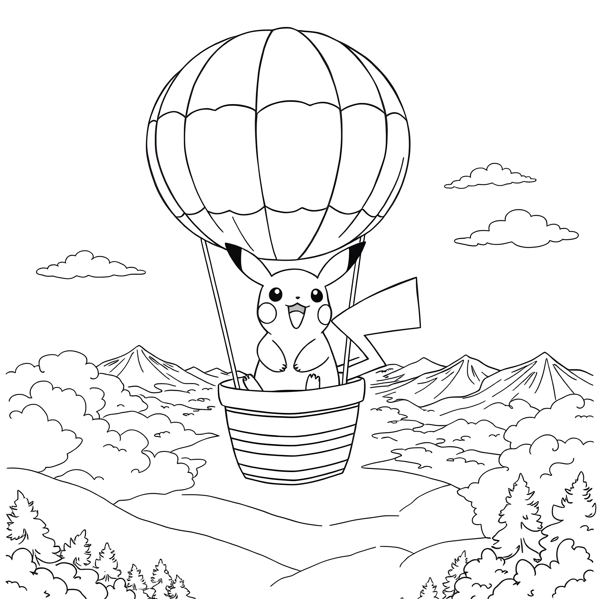 Pikachu riding a hot air balloon over the mountains Coloring Page (free black-and-white line drawing printable PDF for all, from beginners to advanced learners, including children, teens, adults, and seniors)