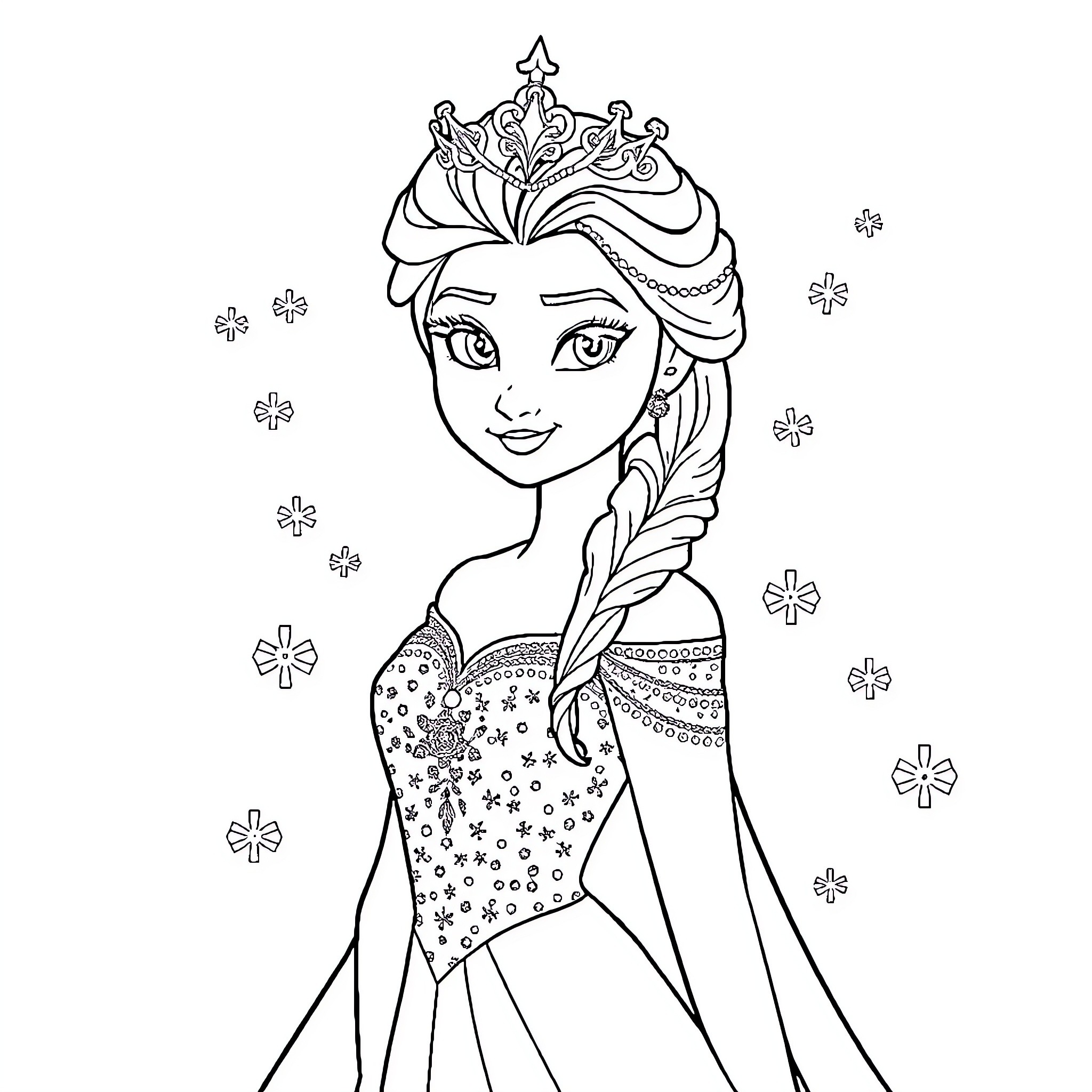 Elsa's Enchanting Winter Wonderland Coloring Page (free black-and-white line drawing printable PDF for all, from beginners to advanced learners, including children, teens, adults, and seniors)