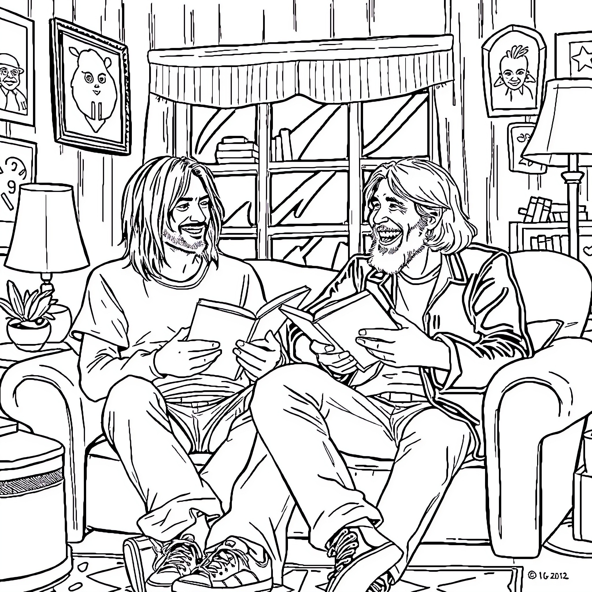 Kurt Cobain and Friend Relaxing and Laughing Coloring Page (free black-and-white line drawing printable PDF for all, from beginners to advanced learners, including children, teens, adults, and seniors)