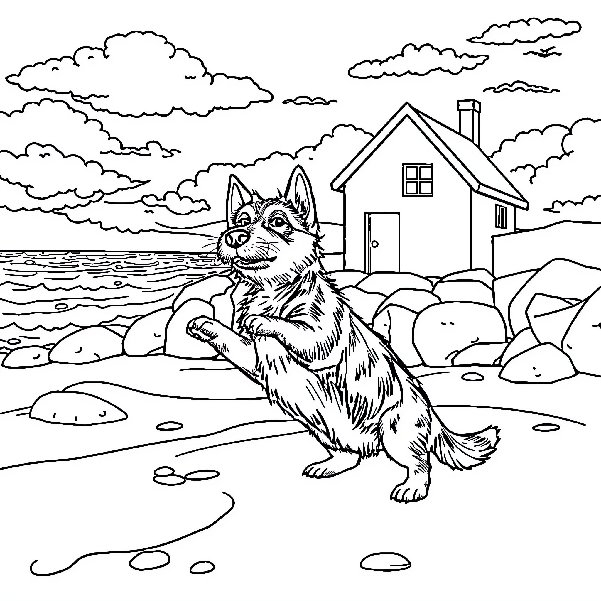 Puppy exploring nature near a cozy house Coloring Page (free black-and-white line drawing printable PDF for all, from beginners to advanced learners, including children, teens, adults, and seniors)
