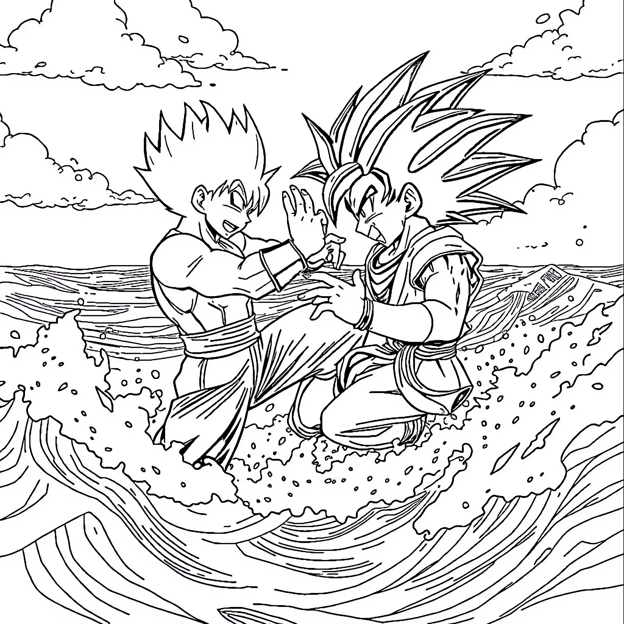 Saitama characters in fierce combat outdoors Coloring Page (free black-and-white line drawing printable PDF for all, from beginners to advanced learners, including children, teens, adults, and seniors)