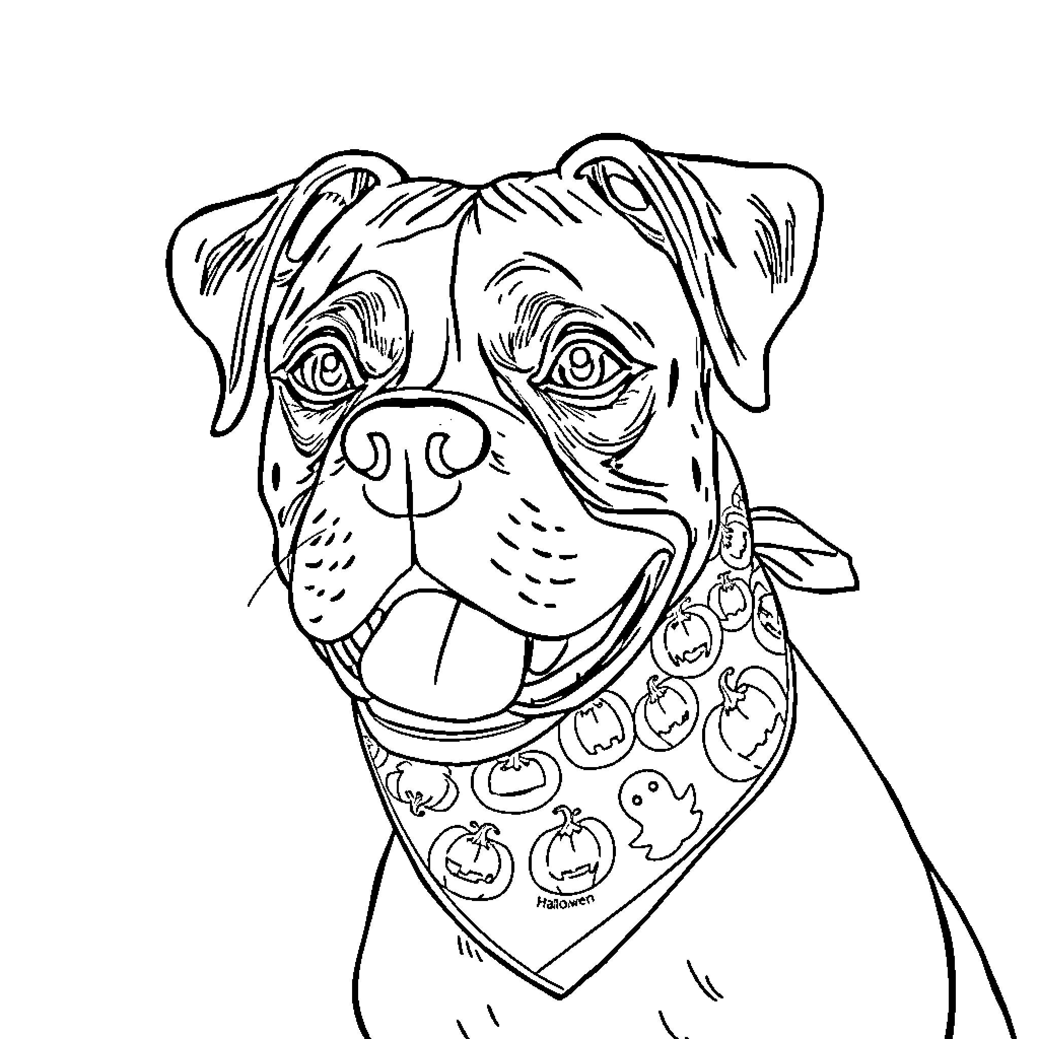 Boxer dog with friendly expression and bandana Coloring Page (free black-and-white line drawing printable PDF for all, from beginners to advanced learners, including children, teens, adults, and seniors)