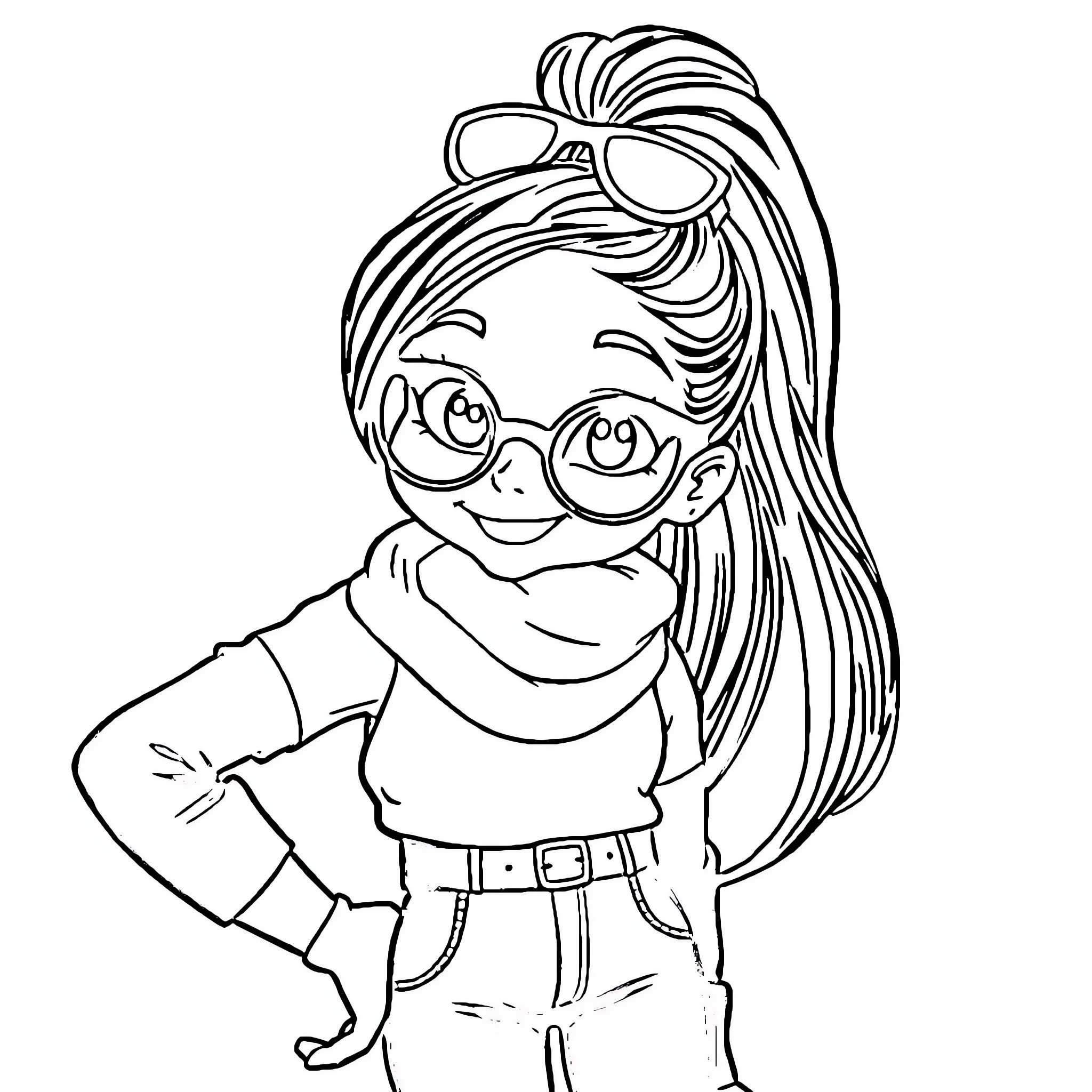 Girl in Playful Outfit with Glasses Coloring Page (free black-and-white line drawing printable PDF for all, from beginners to advanced learners, including children, teens, adults, and seniors)
