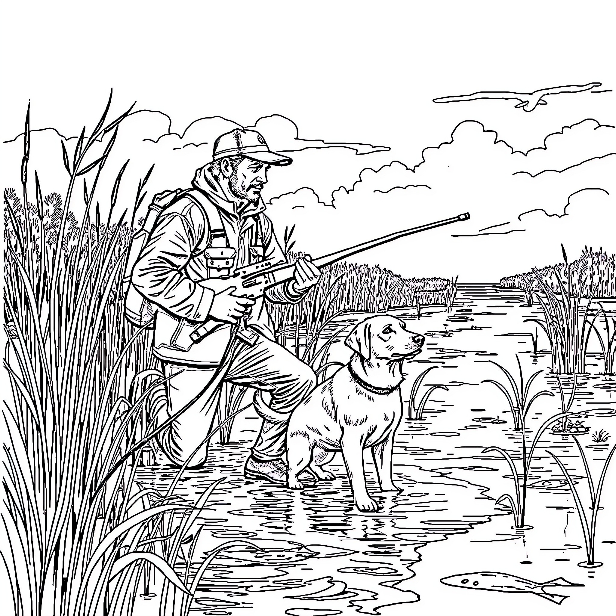 Duck Hunter and Dog in Wetland Landscape Coloring Page (free black-and-white line drawing printable PDF for all, from beginners to advanced learners, including children, teens, adults, and seniors)