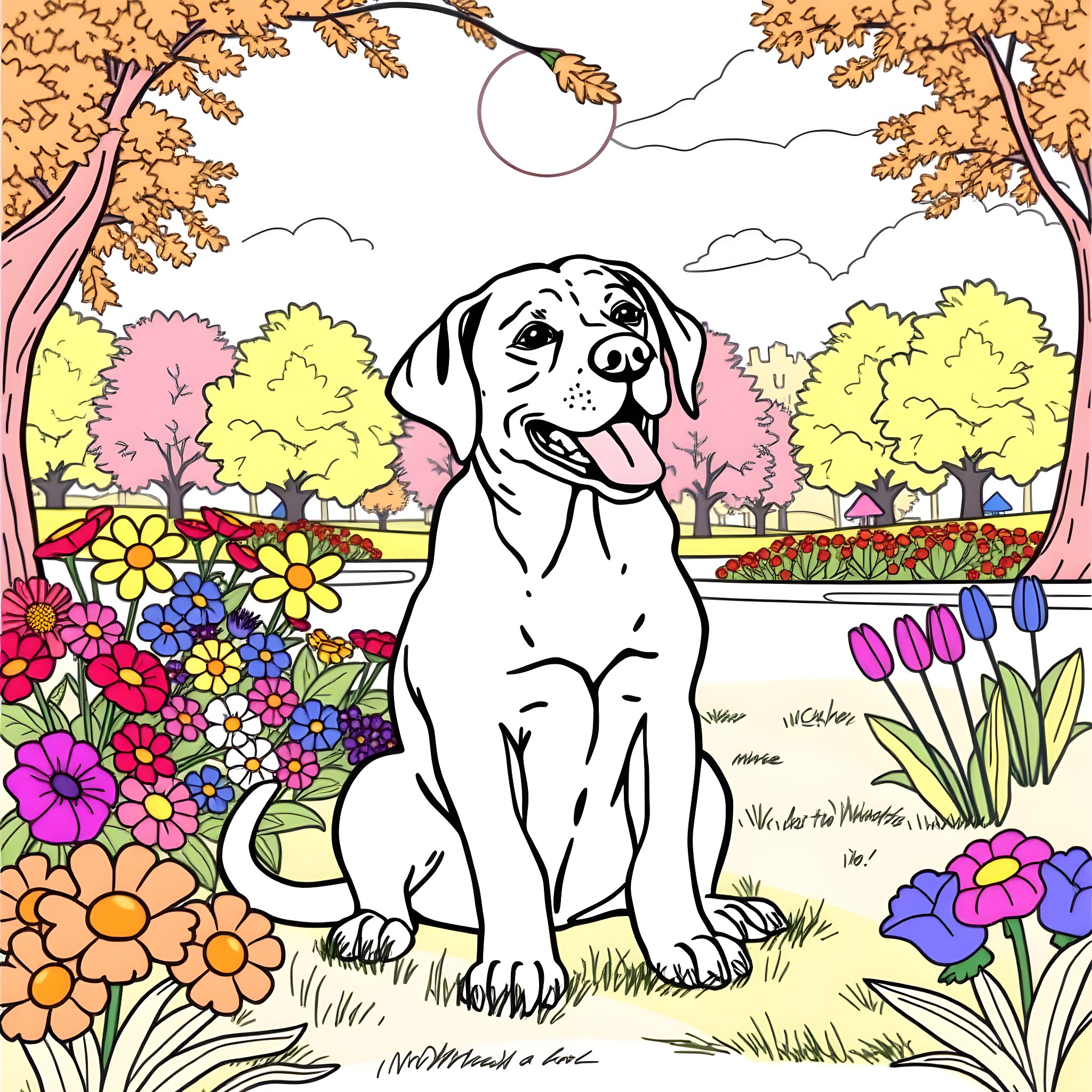 Labrador enjoying the colorful spring garden Coloring Page (free black-and-white line drawing printable PDF for all, from beginners to advanced learners, including children, teens, adults, and seniors)