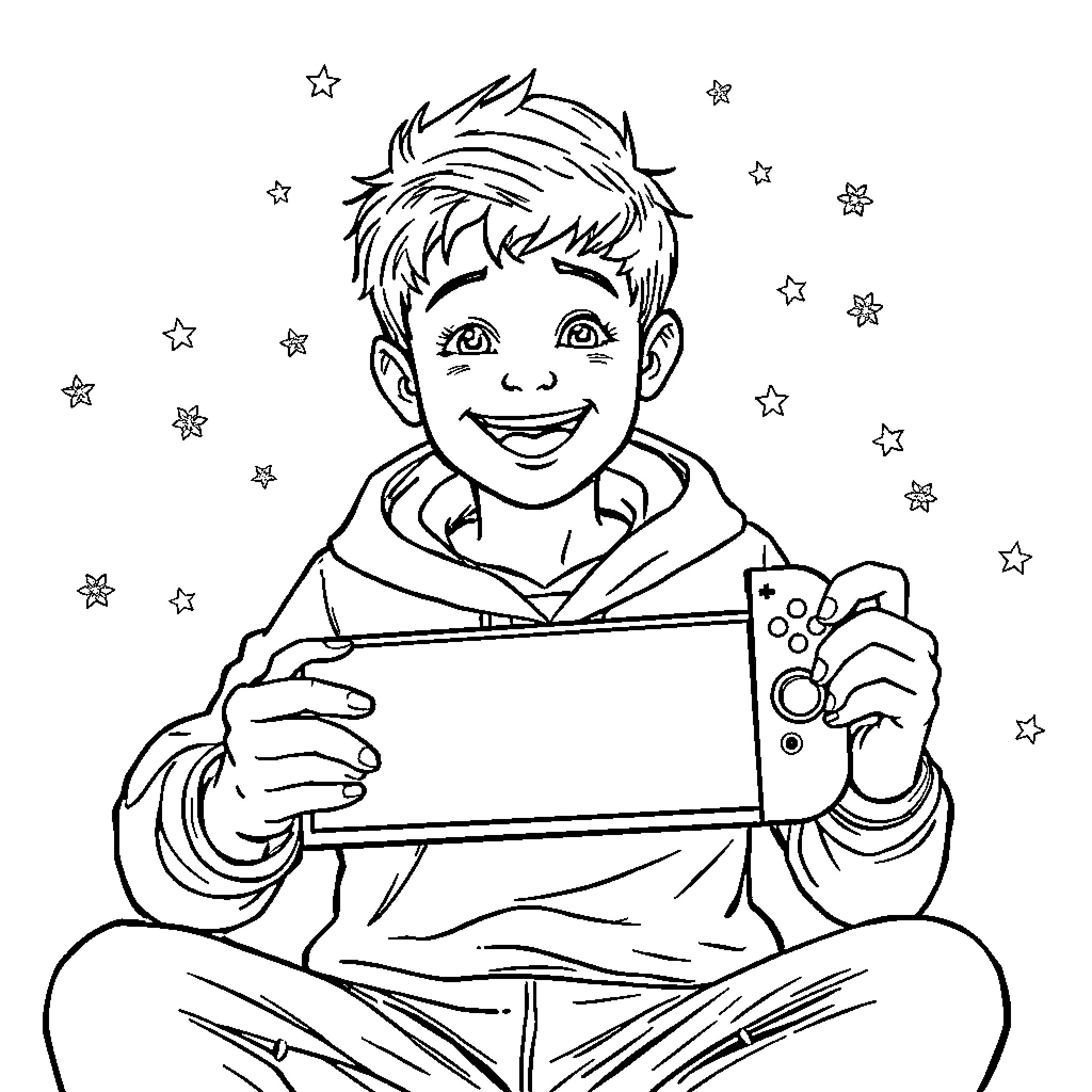 Kind boy happily playing video game Coloring Page (free black-and-white line drawing printable PDF for all, from beginners to advanced learners, including children, teens, adults, and seniors)