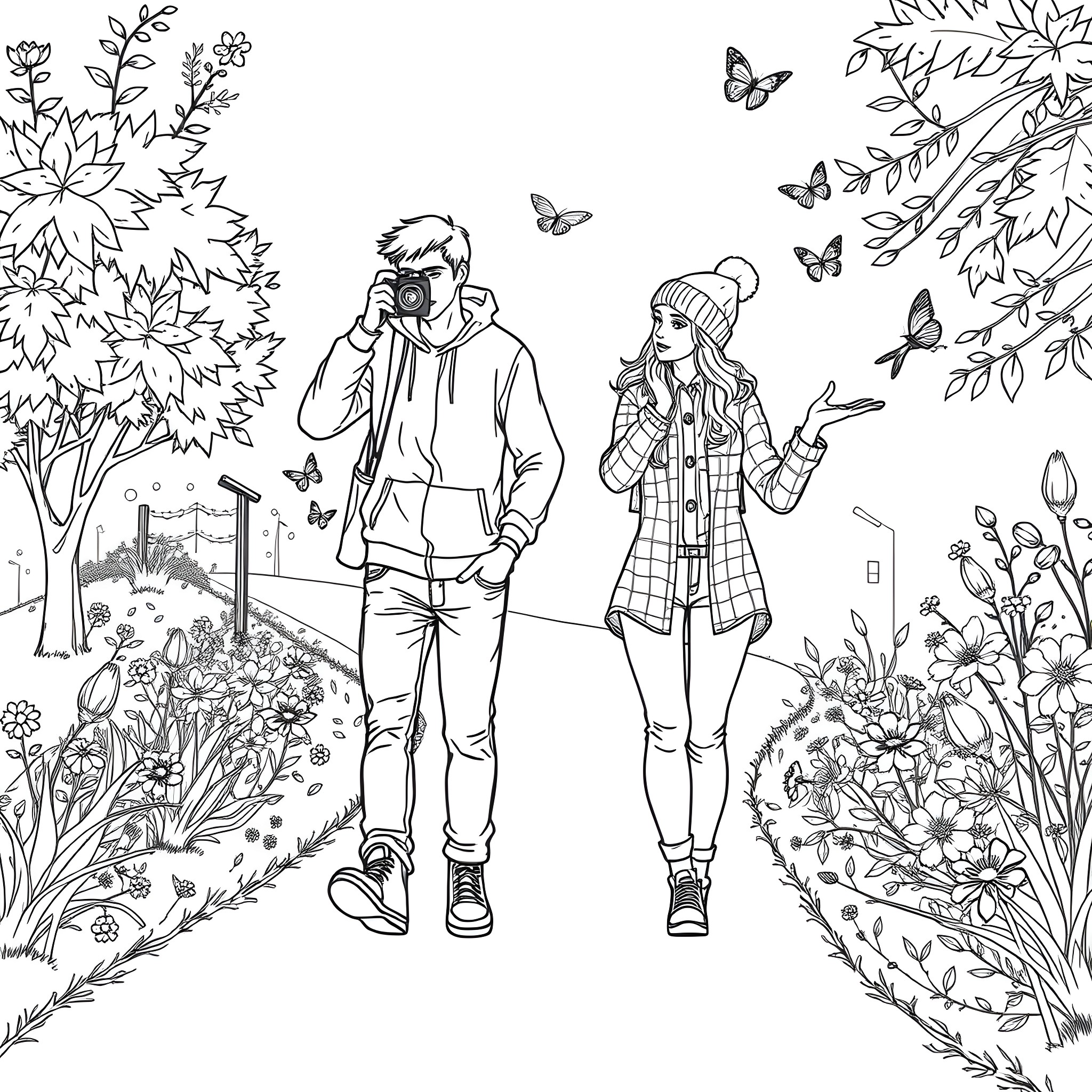 Photographer captures couple strolling through nature Coloring Page (free black-and-white line drawing printable PDF for all, from beginners to advanced learners, including children, teens, adults, and seniors)