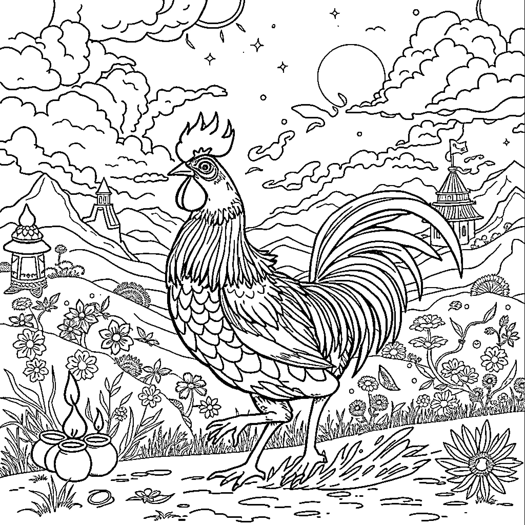 Chicken proudly strutting in an ornate nature scene Coloring Page (free black-and-white line drawing printable PDF for all, from beginners to advanced learners, including children, teens, adults, and seniors)