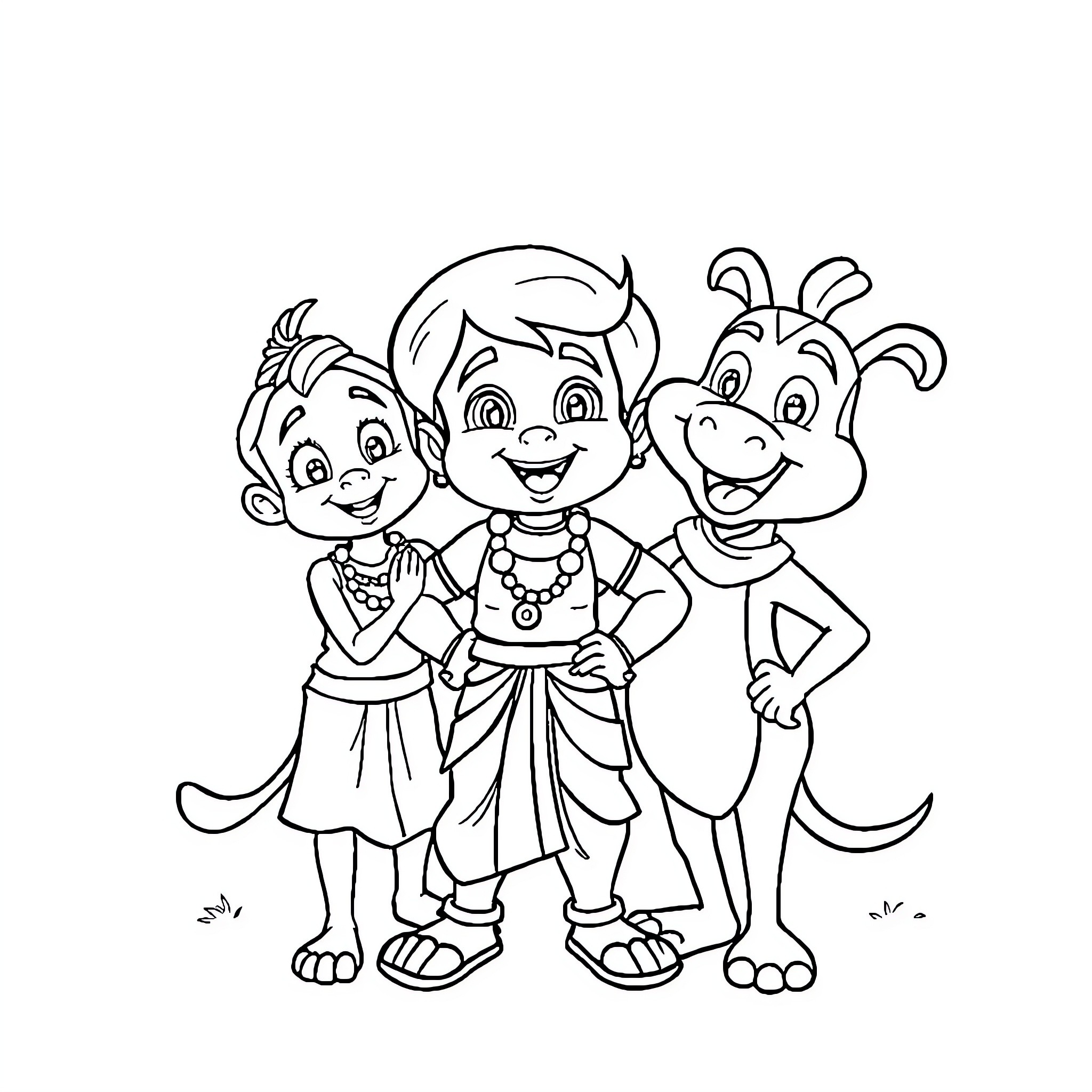Chota Bheem and friends in a friendly pose Coloring Page (free black-and-white line drawing printable PDF for all, from beginners to advanced learners, including children, teens, adults, and seniors)