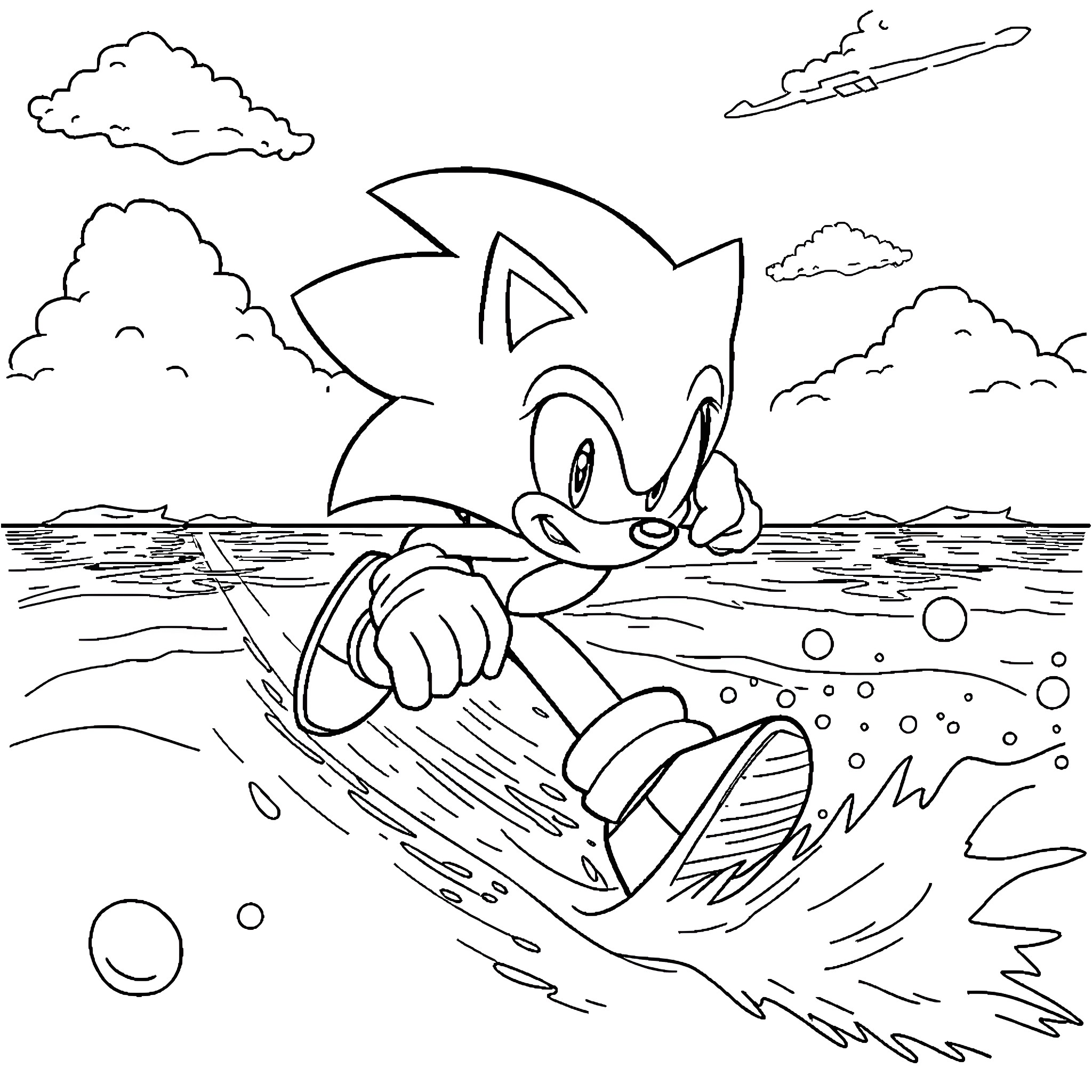 Sonic running swiftly through the waves Coloring Page (free black-and-white line drawing printable PDF for all, from beginners to advanced learners, including children, teens, adults, and seniors)