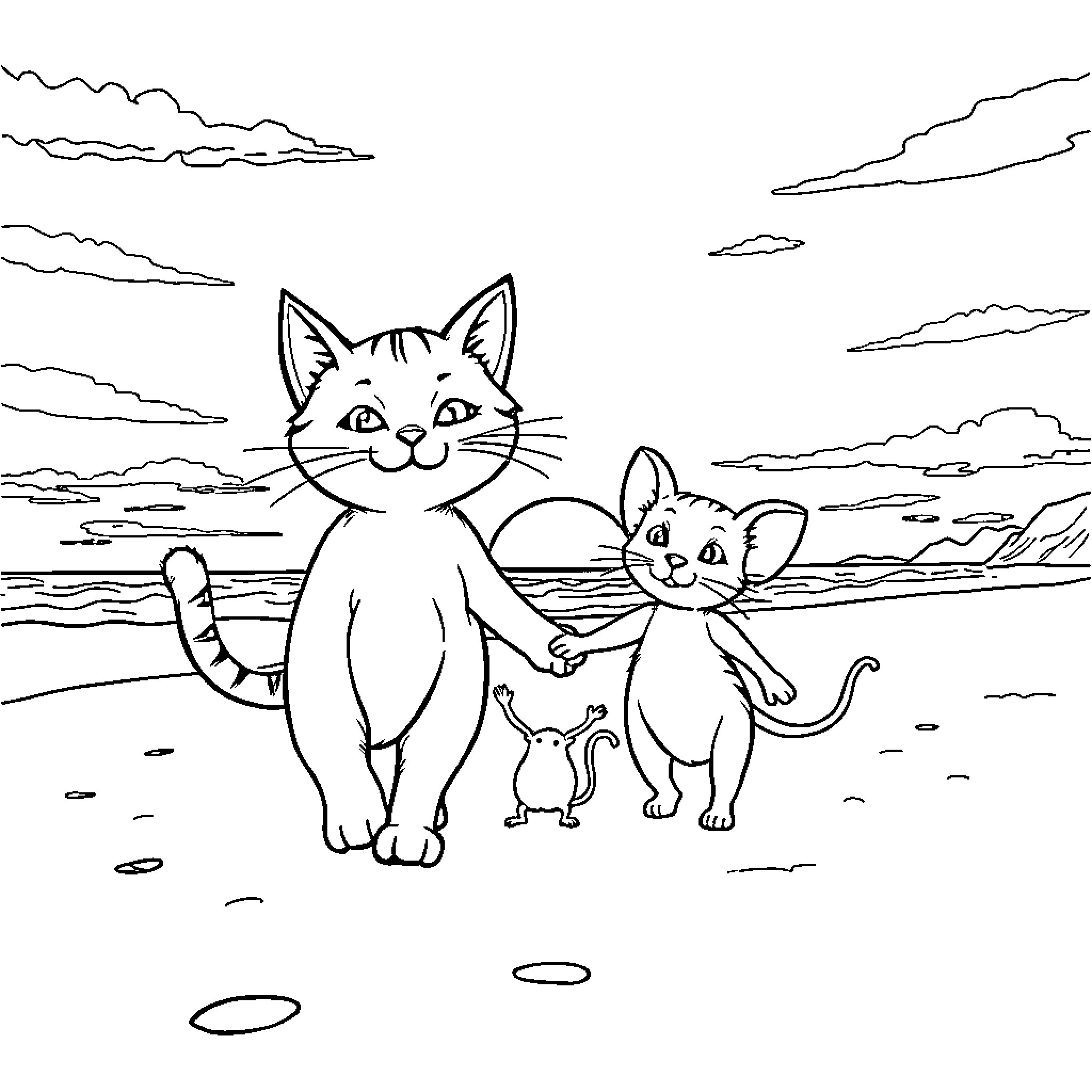 Cat and kittens exploring the outdoors Coloring Page (free black-and-white line drawing printable PDF for all, from beginners to advanced learners, including children, teens, adults, and seniors)