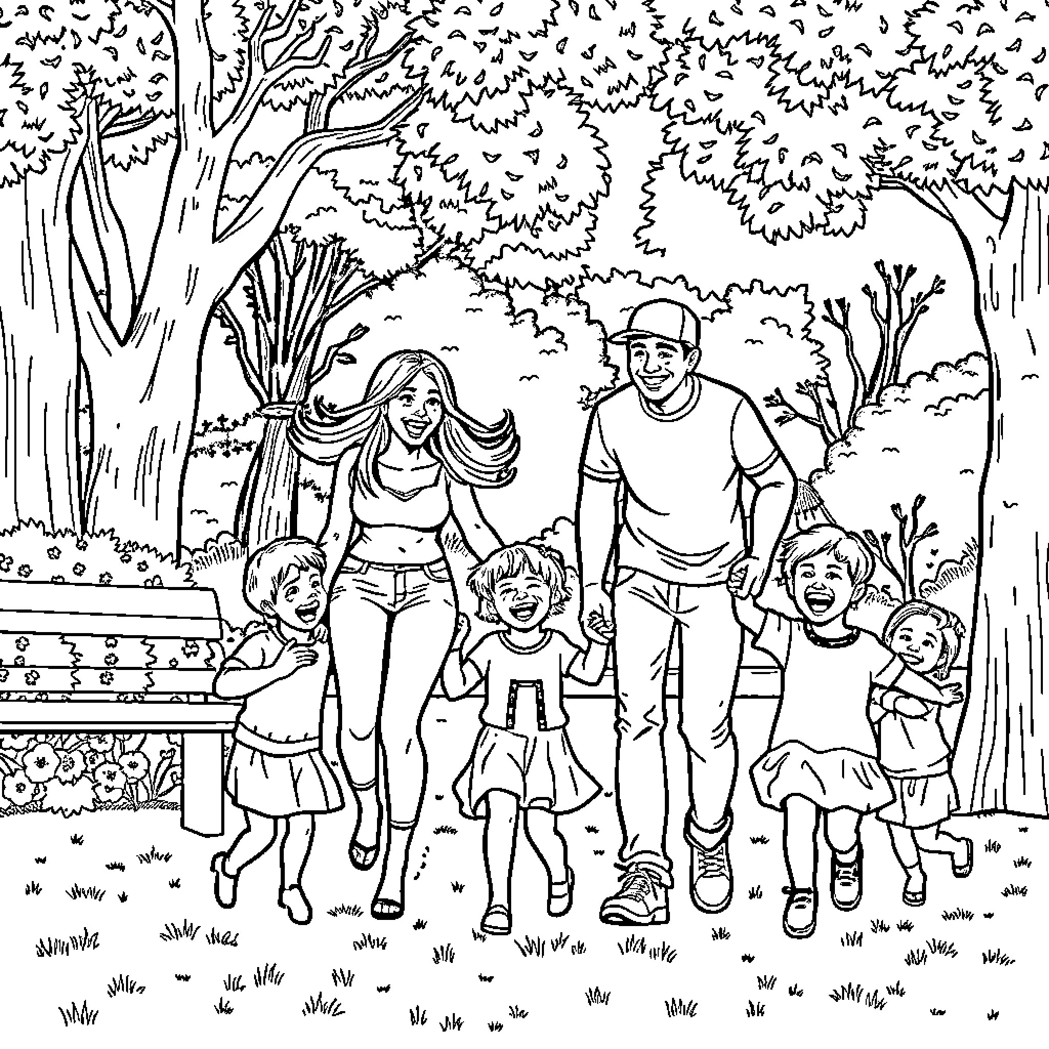 Family Outing in the Peaceful Woodland Coloring Page (free black-and-white line drawing printable PDF for all, from beginners to advanced learners, including children, teens, adults, and seniors)