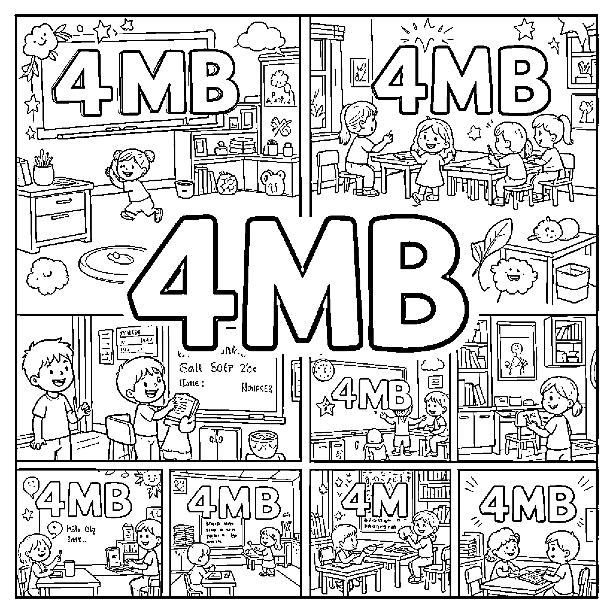 4MB Children engaging in various classroom activities Coloring Page (free black-and-white line drawing printable PDF for all, from beginners to advanced learners, including children, teens, adults, and seniors)