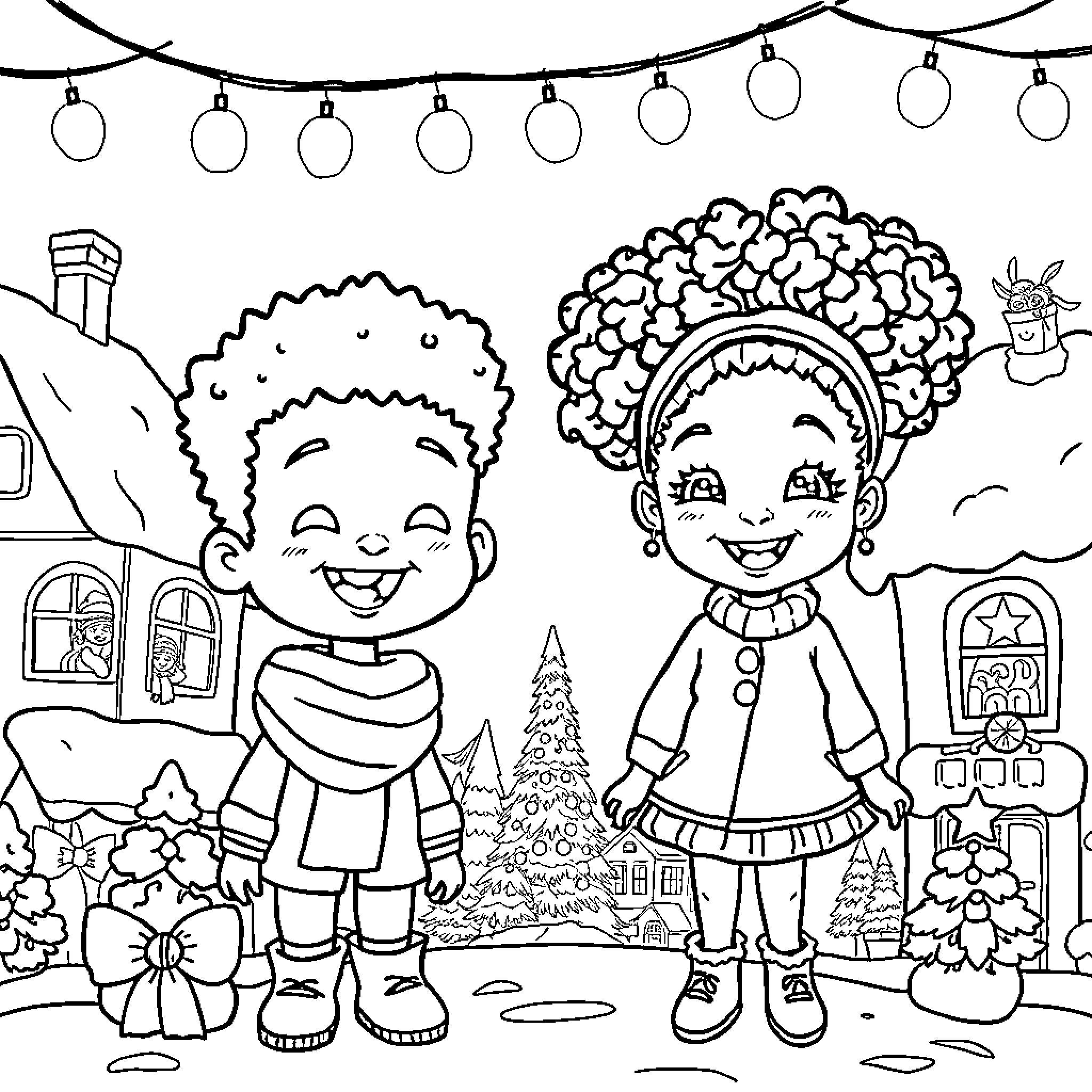 Child Winter Wonderland Celebration Coloring Page (free black-and-white line drawing printable PDF for all, from beginners to advanced learners, including children, teens, adults, and seniors)