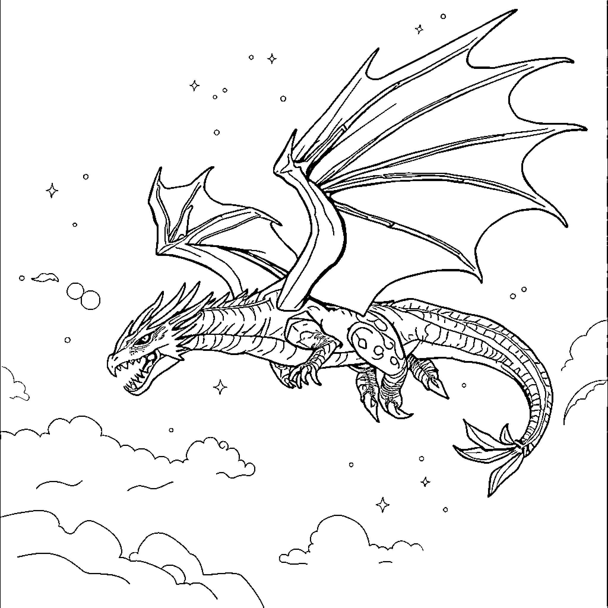 Dragon soaring through the starry night sky Coloring Page (free black-and-white line drawing printable PDF for all, from beginners to advanced learners, including children, teens, adults, and seniors)