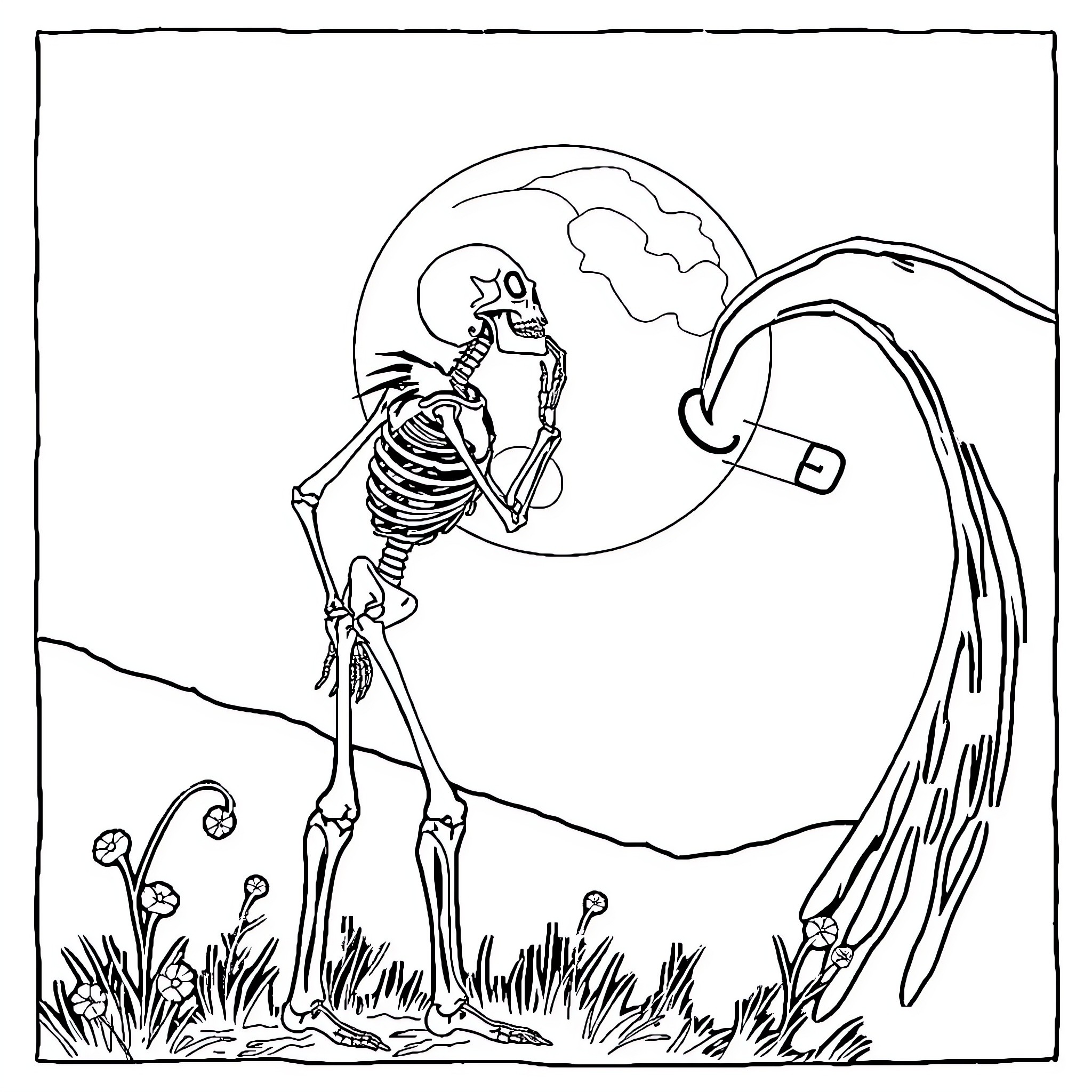 Skeleton dancing under the moonlight Coloring Page (free black-and-white line drawing printable PDF for all, from beginners to advanced learners, including children, teens, adults, and seniors)