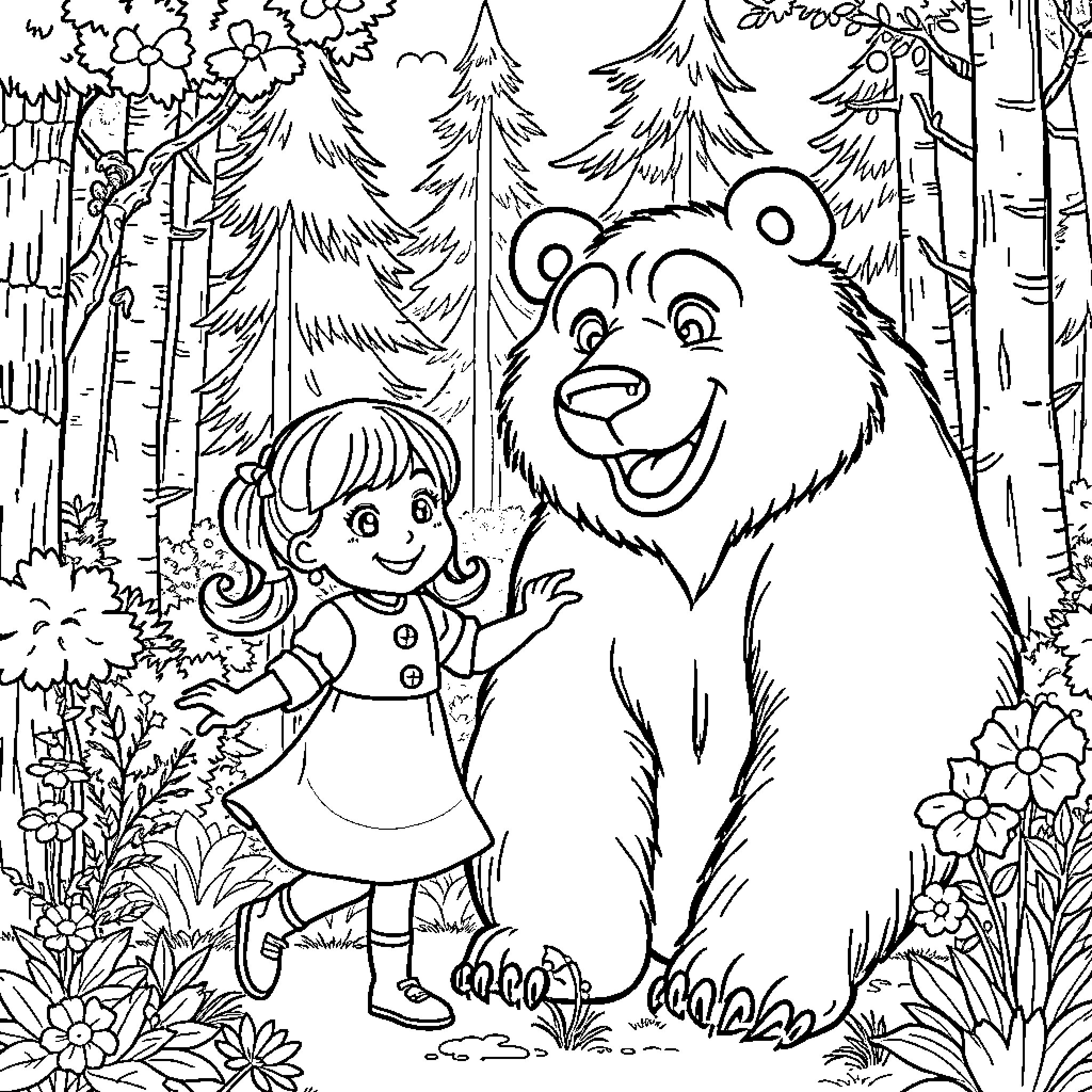 Masha and the Friendly Bear in the Forest Coloring Page (free black-and-white line drawing printable PDF for all, from beginners to advanced learners, including children, teens, adults, and seniors)