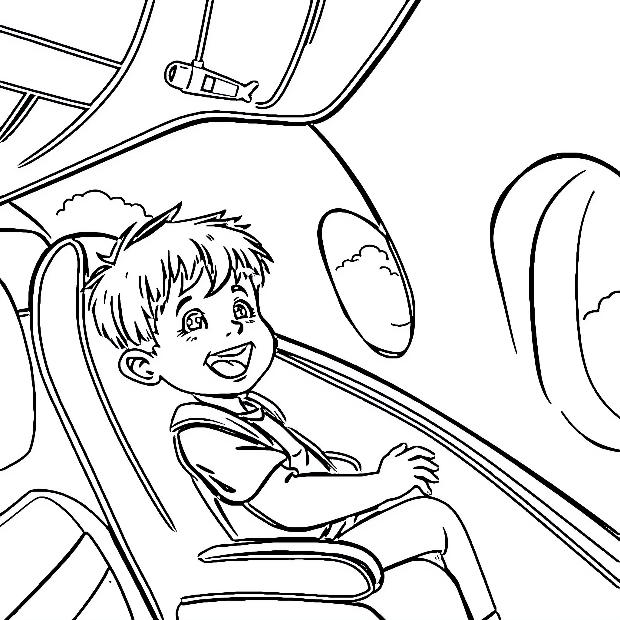 Boy enjoys amusement park ride with excitement Coloring Page (free black-and-white line drawing printable PDF for all, from beginners to advanced learners, including children, teens, adults, and seniors)