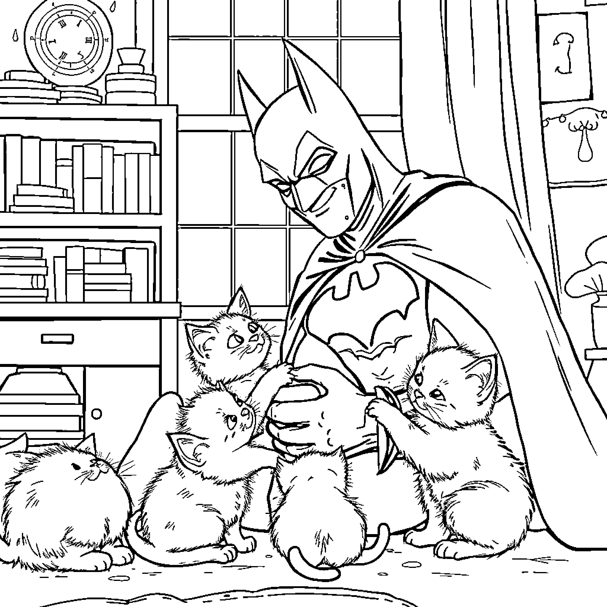 Batman playing with cute kittens in the study Coloring Page (free black-and-white line drawing printable PDF for all, from beginners to advanced learners, including children, teens, adults, and seniors)
