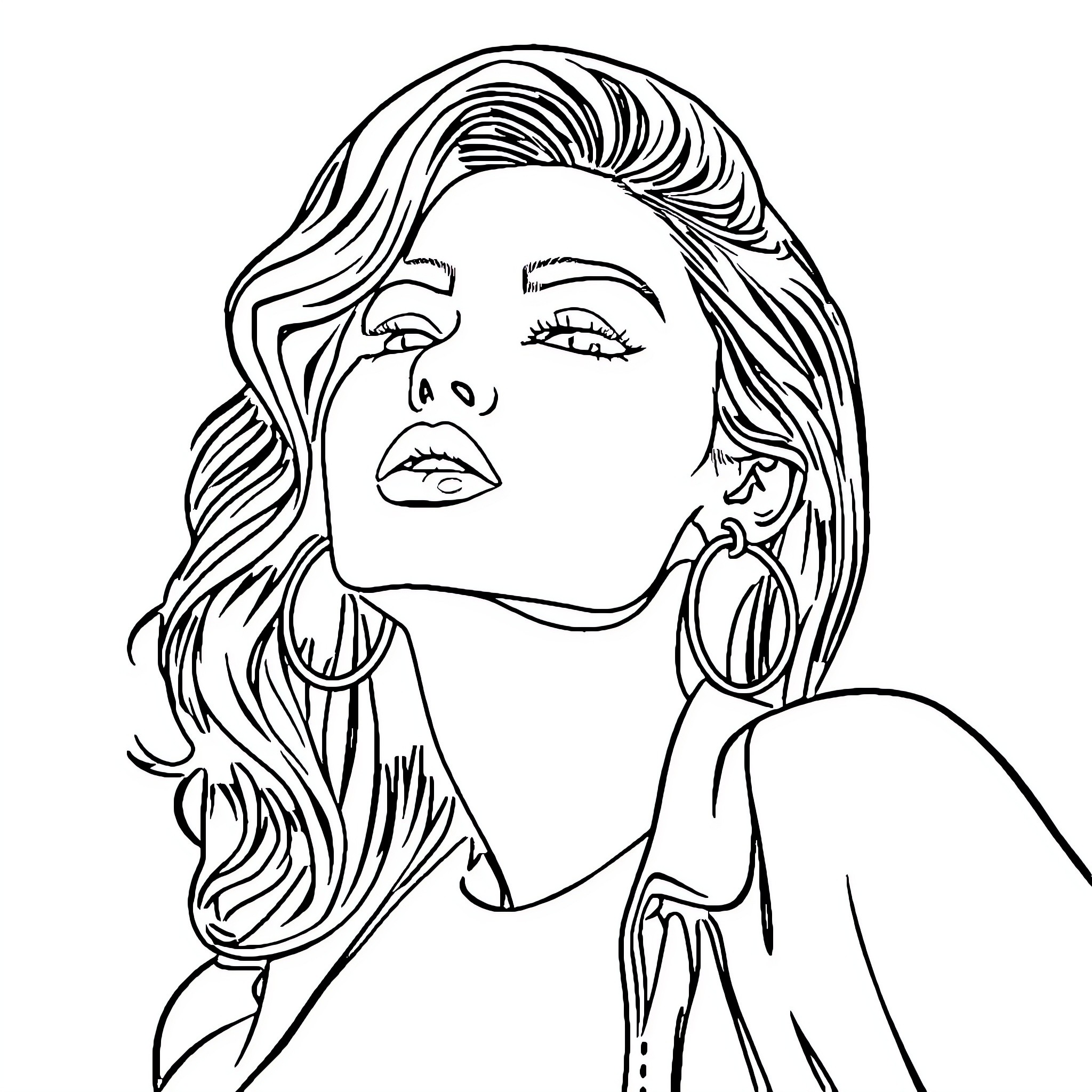 Model with elegant expression and stylish accessories Coloring Page (free black-and-white line drawing printable PDF for all, from beginners to advanced learners, including children, teens, adults, and seniors)