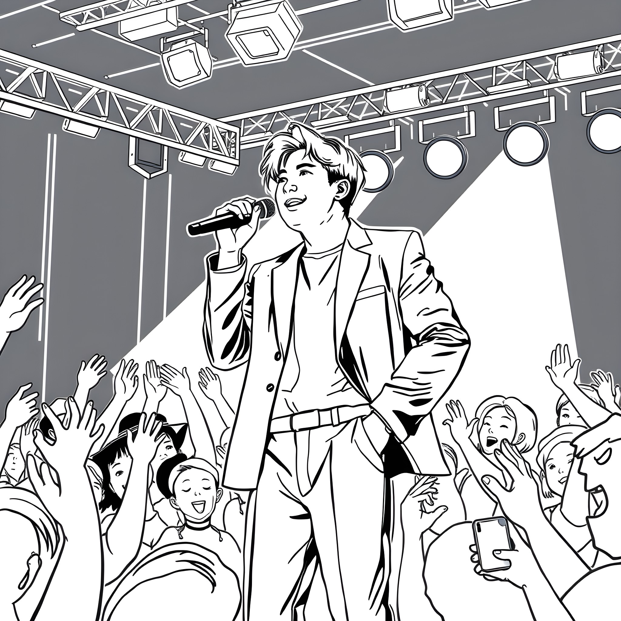 Kim Namjoon Performing on Stage with Energetic Crowd Coloring Page (free black-and-white line drawing printable PDF for all, from beginners to advanced learners, including children, teens, adults, and seniors)