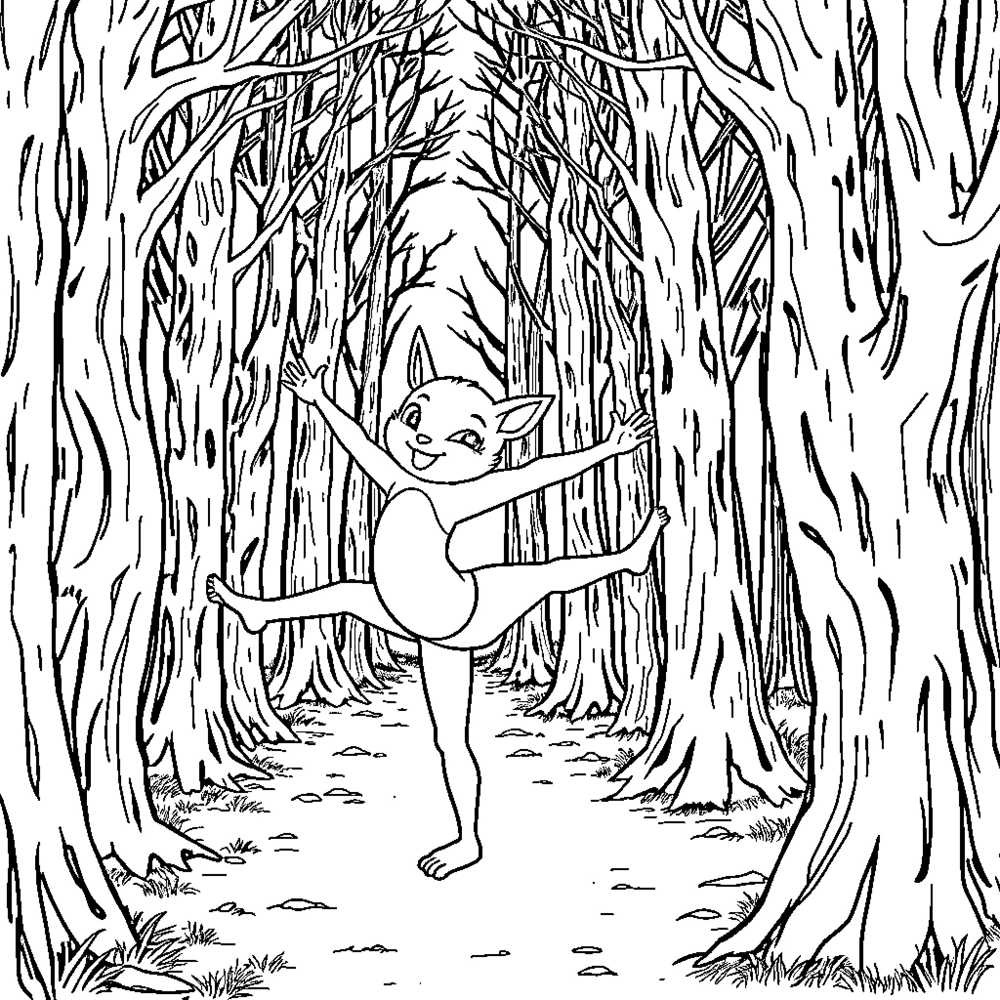 Labubu dancing joyfully in the enchanted forest Coloring Page (free black-and-white line drawing printable PDF for all, from beginners to advanced learners, including children, teens, adults, and seniors)