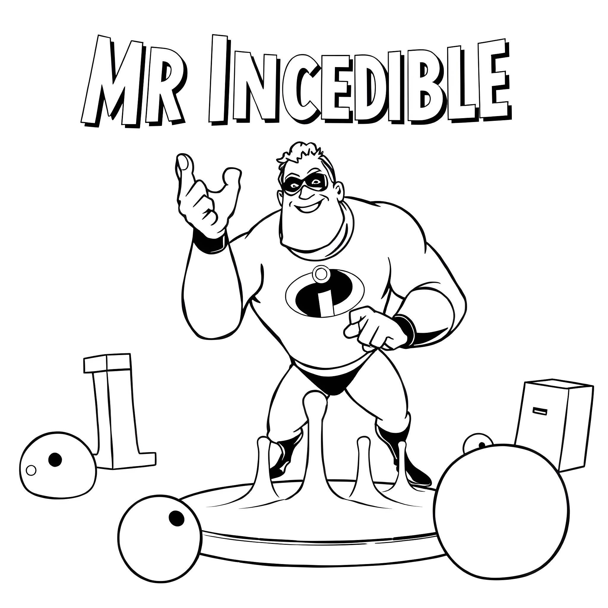 Mr Incredible Striking a Heroic Pose Coloring Page (free black-and-white line drawing printable PDF for all, from beginners to advanced learners, including children, teens, adults, and seniors)