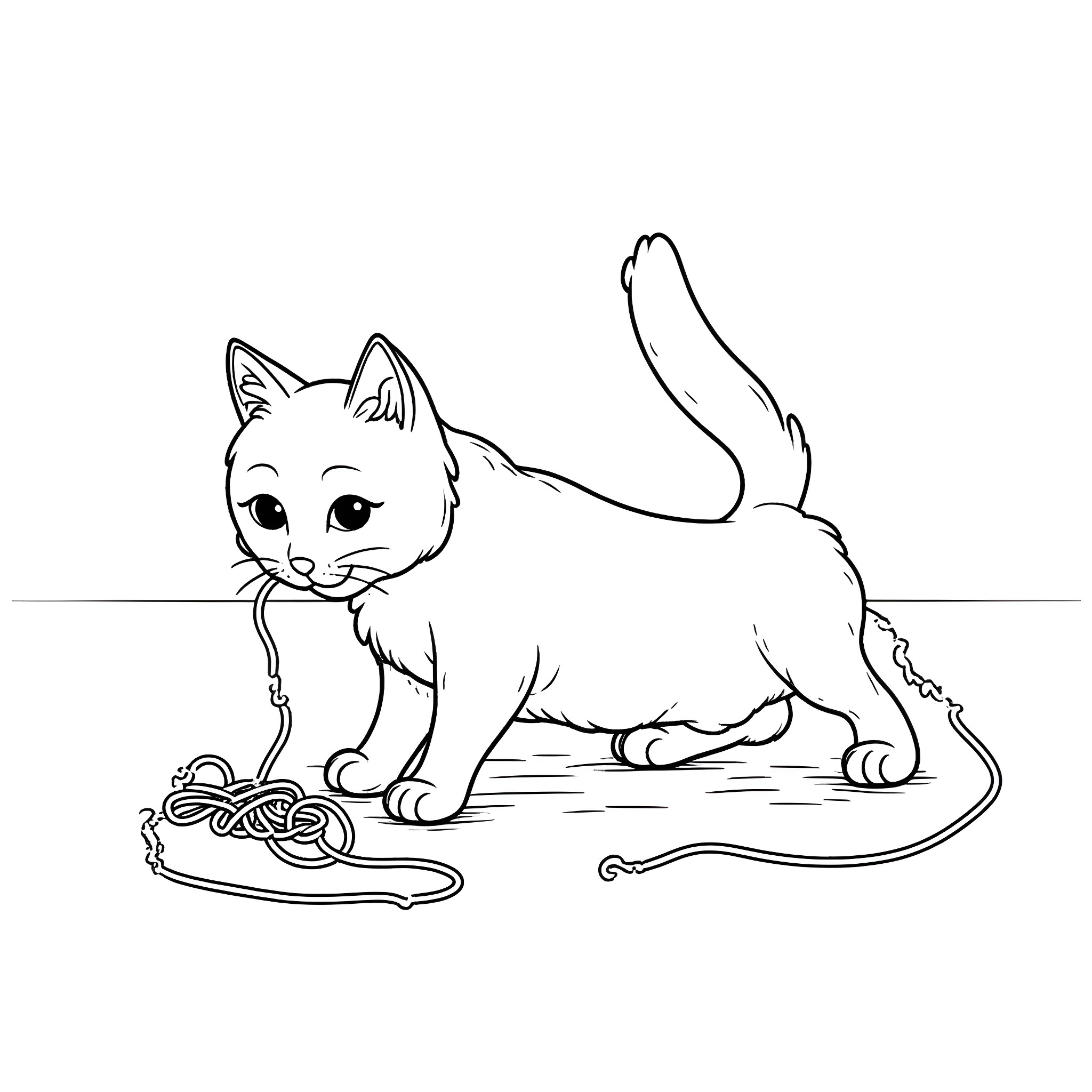 Cat playing with yarn Coloring Page (free black-and-white line drawing printable PDF for all, from beginners to advanced learners, including children, teens, adults, and seniors)