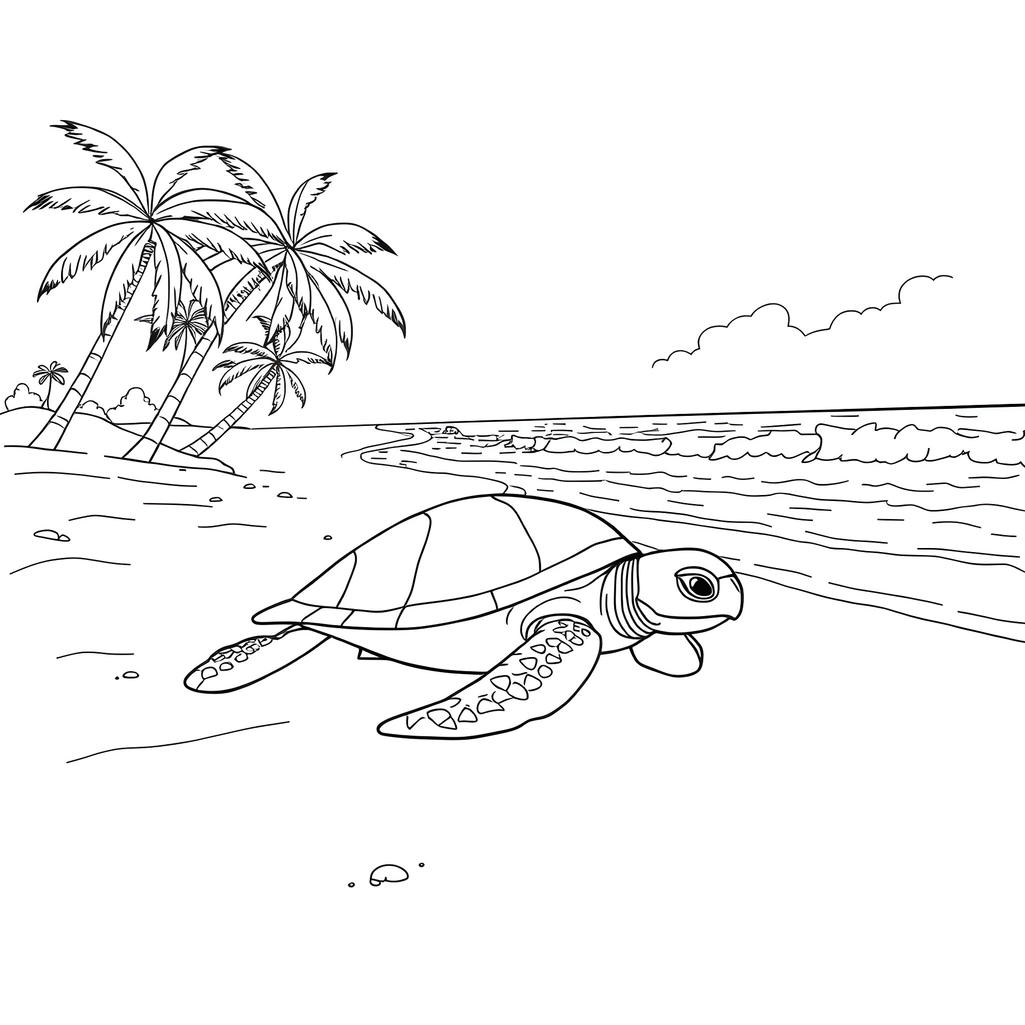 Turtle swimming in the ocean near palm trees Coloring Page (free black-and-white line drawing printable PDF for all, from beginners to advanced learners, including children, teens, adults, and seniors)