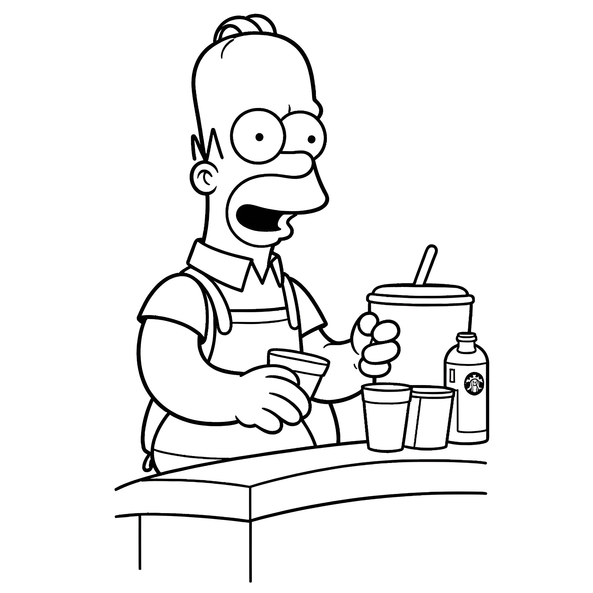 Homer Simpson gets a fast food snack Coloring Page (free black-and-white line drawing printable PDF for all, from beginners to advanced learners, including children, teens, adults, and seniors)