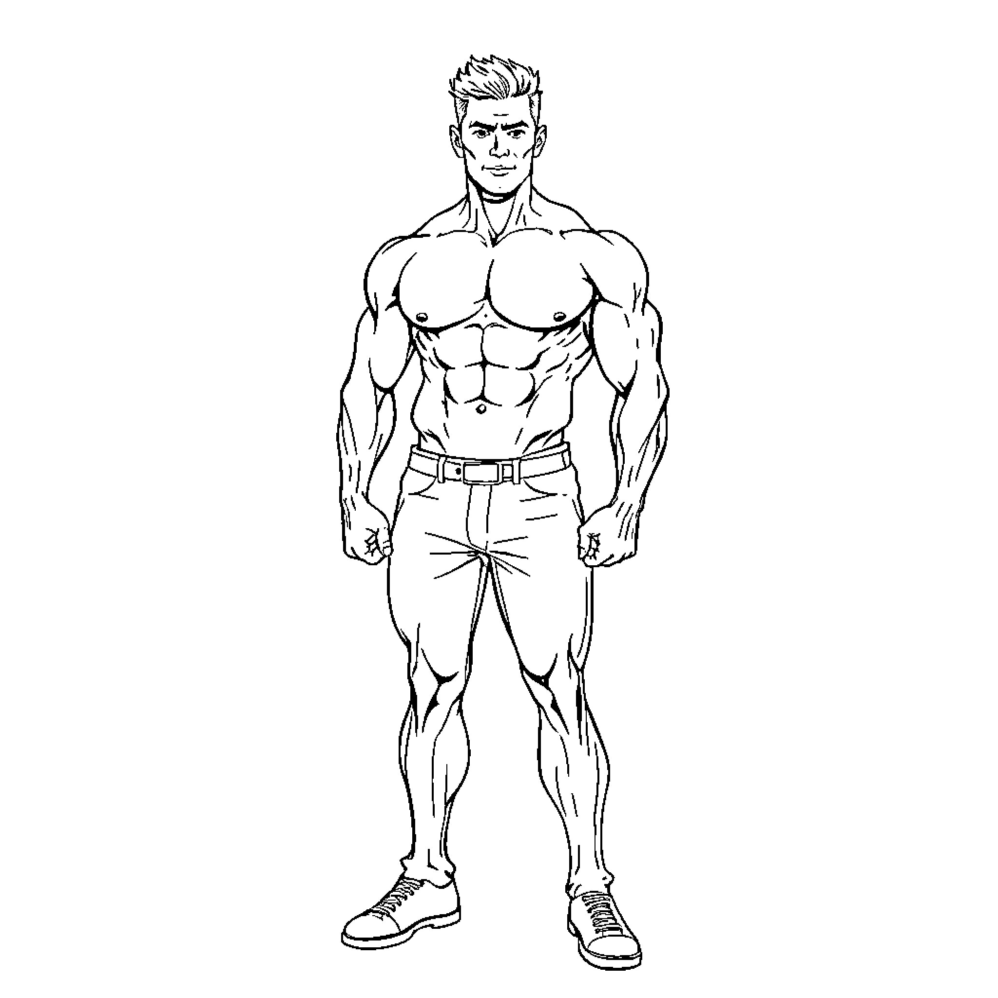Man with muscular physique in athletic stance Coloring Page (free black-and-white line drawing printable PDF for all, from beginners to advanced learners, including children, teens, adults, and seniors)
