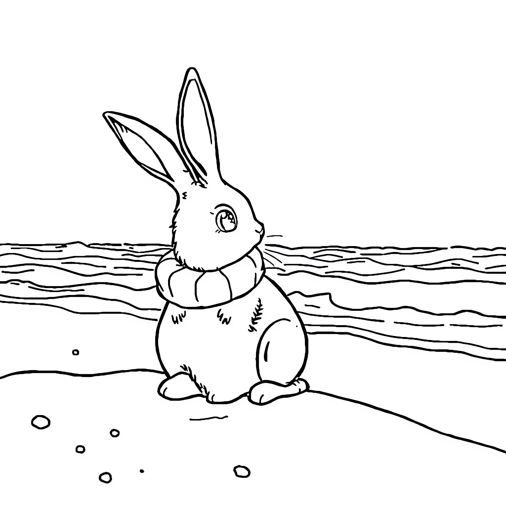 Rabbit sitting peacefully on the shore Coloring Page (free black-and-white line drawing printable PDF for all, from beginners to advanced learners, including children, teens, adults, and seniors)
