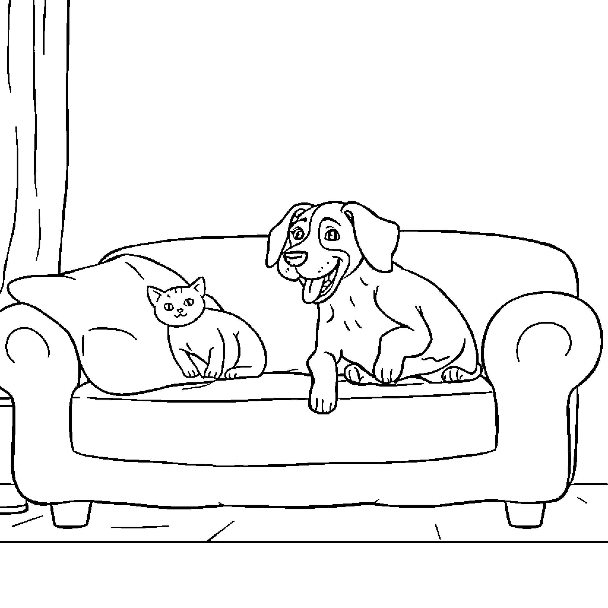 Beagle and Cat Relaxing on Couch Coloring Page (free black-and-white line drawing printable PDF for all, from beginners to advanced learners, including children, teens, adults, and seniors)