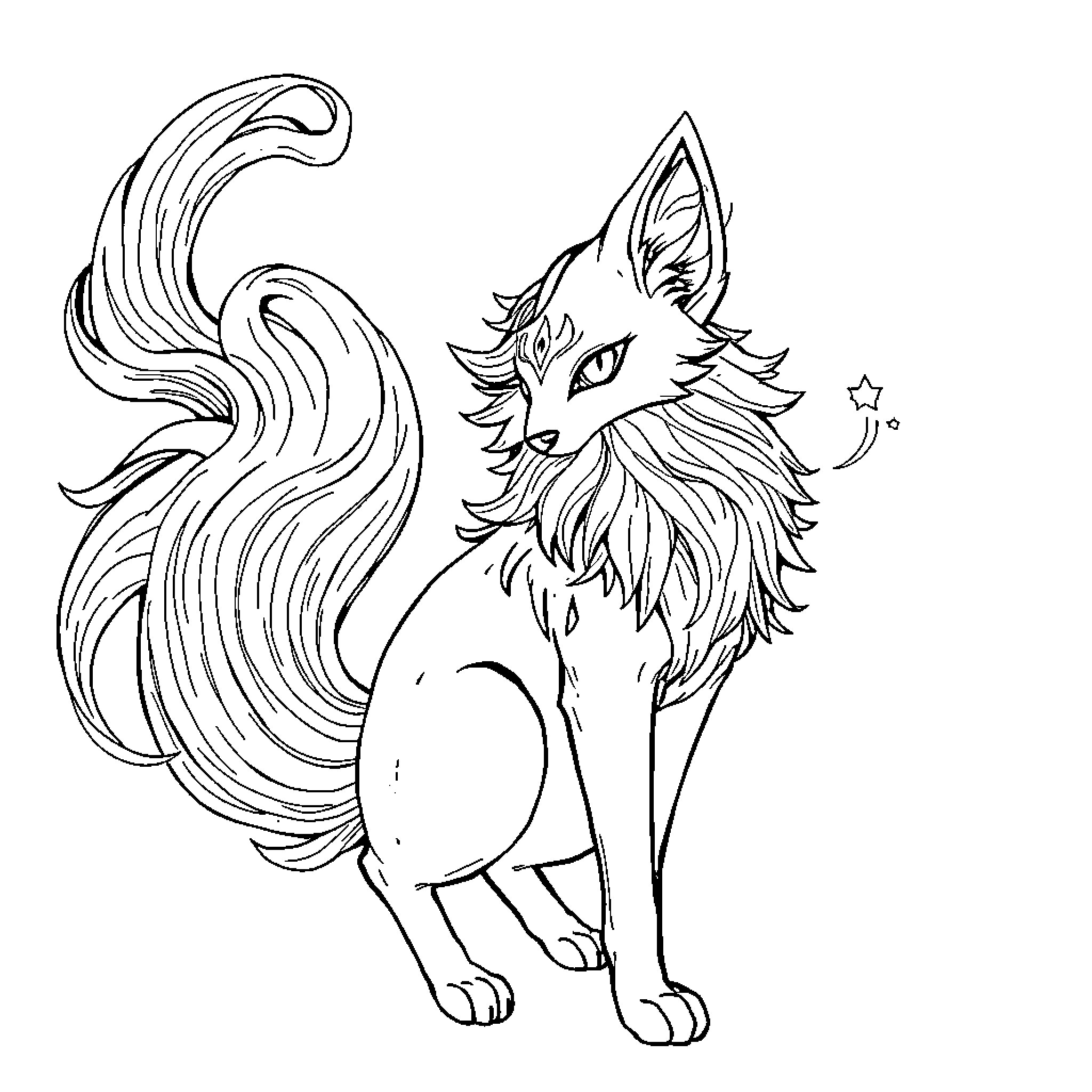 Kitsune spirit fox with flowing fur and celestial motif Coloring Page (free black-and-white line drawing printable PDF for all, from beginners to advanced learners, including children, teens, adults, and seniors)