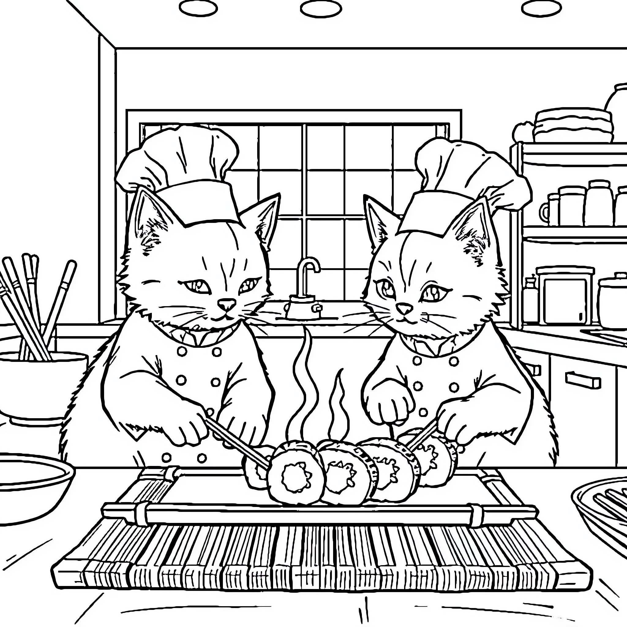 Chef Cats Cooking Together in the Kitchen Coloring Page (free black-and-white line drawing printable PDF for all, from beginners to advanced learners, including children, teens, adults, and seniors)