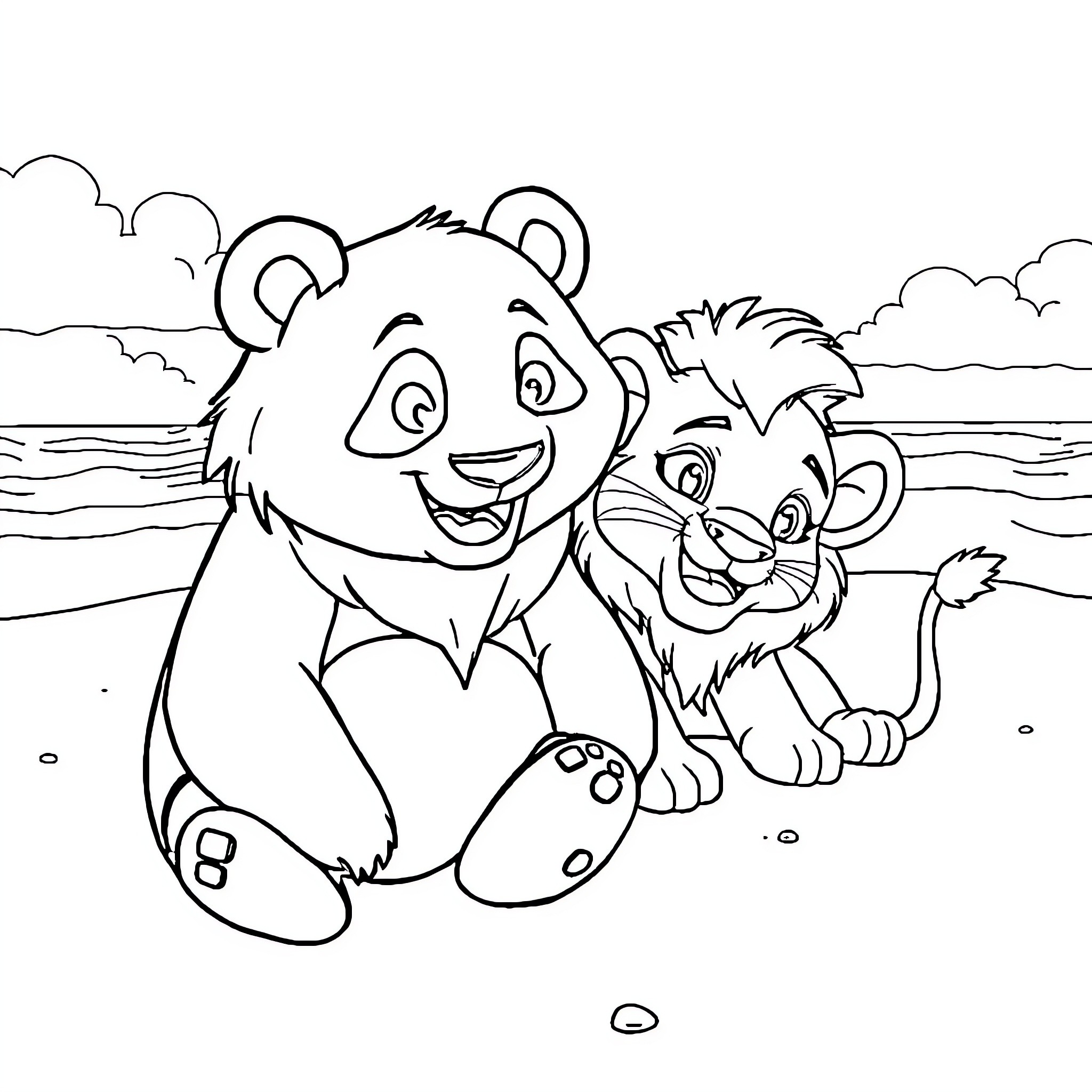 Polar Bears Playing in the Snow Coloring Page (free black-and-white line drawing printable PDF for all, from beginners to advanced learners, including children, teens, adults, and seniors)