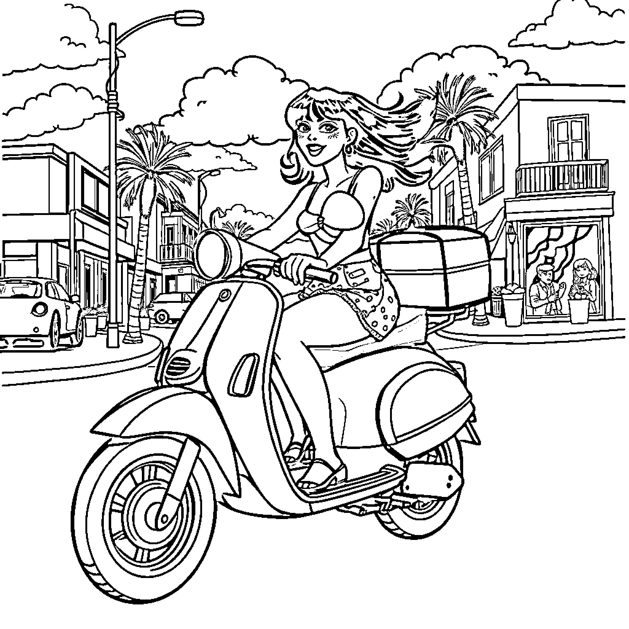Melanie Martinez riding a scooter through a city street Coloring Page (free black-and-white line drawing printable PDF for all, from beginners to advanced learners, including children, teens, adults, and seniors)