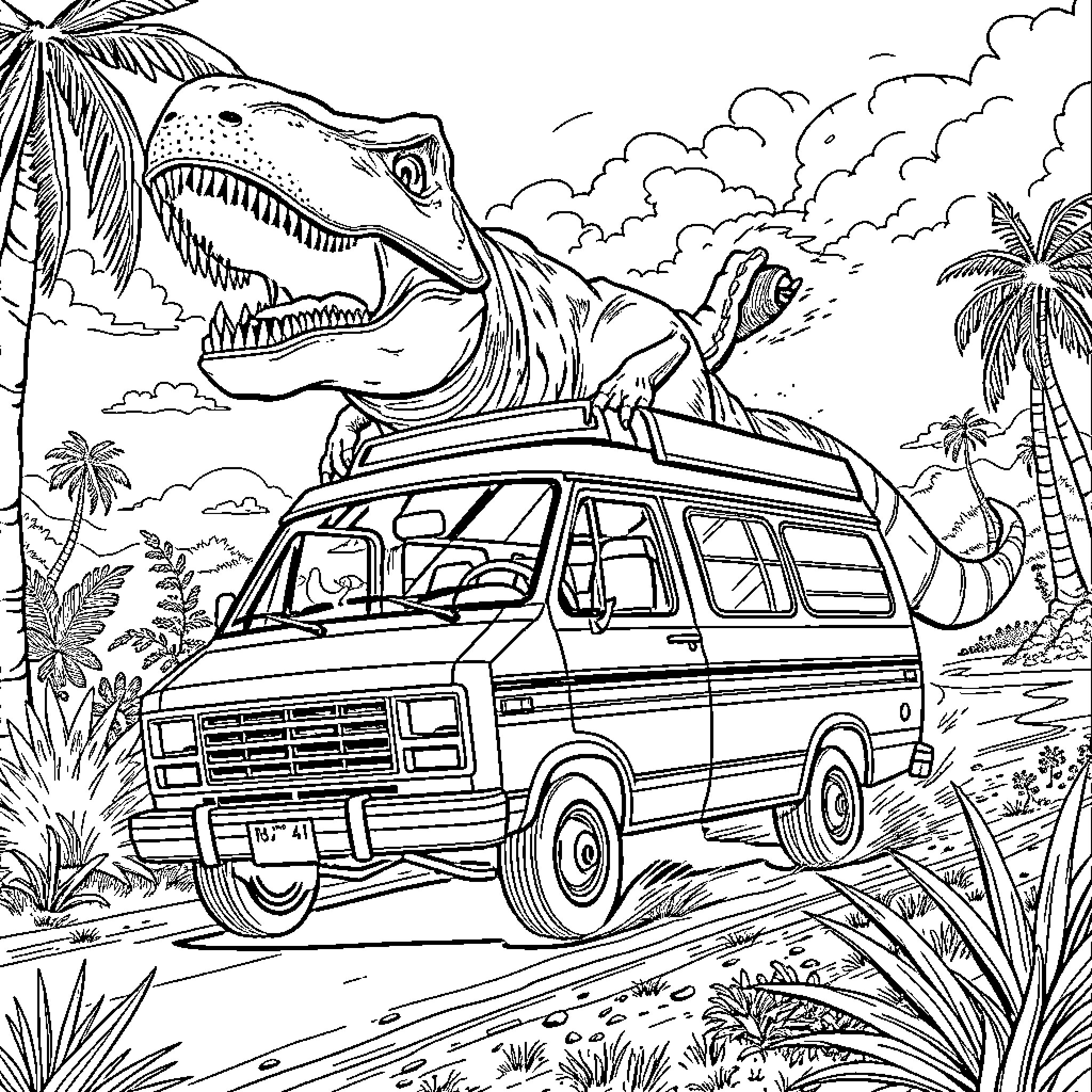 Van explores prehistoric landscape with dinosaur Coloring Page (free black-and-white line drawing printable PDF for all, from beginners to advanced learners, including children, teens, adults, and seniors)