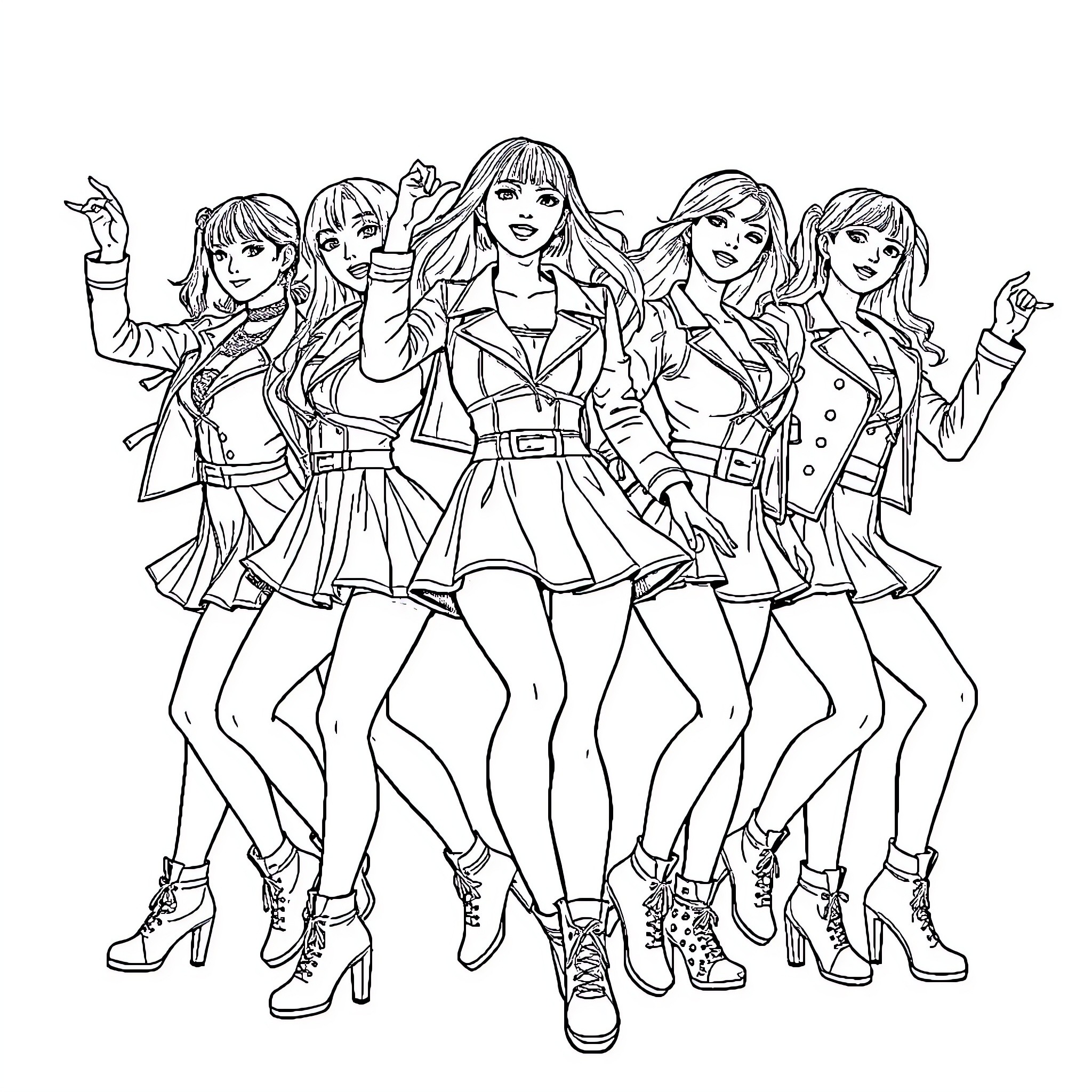 Kpop Girl Group Posing Confidently Coloring Page (free black-and-white line drawing printable PDF for all, from beginners to advanced learners, including children, teens, adults, and seniors)