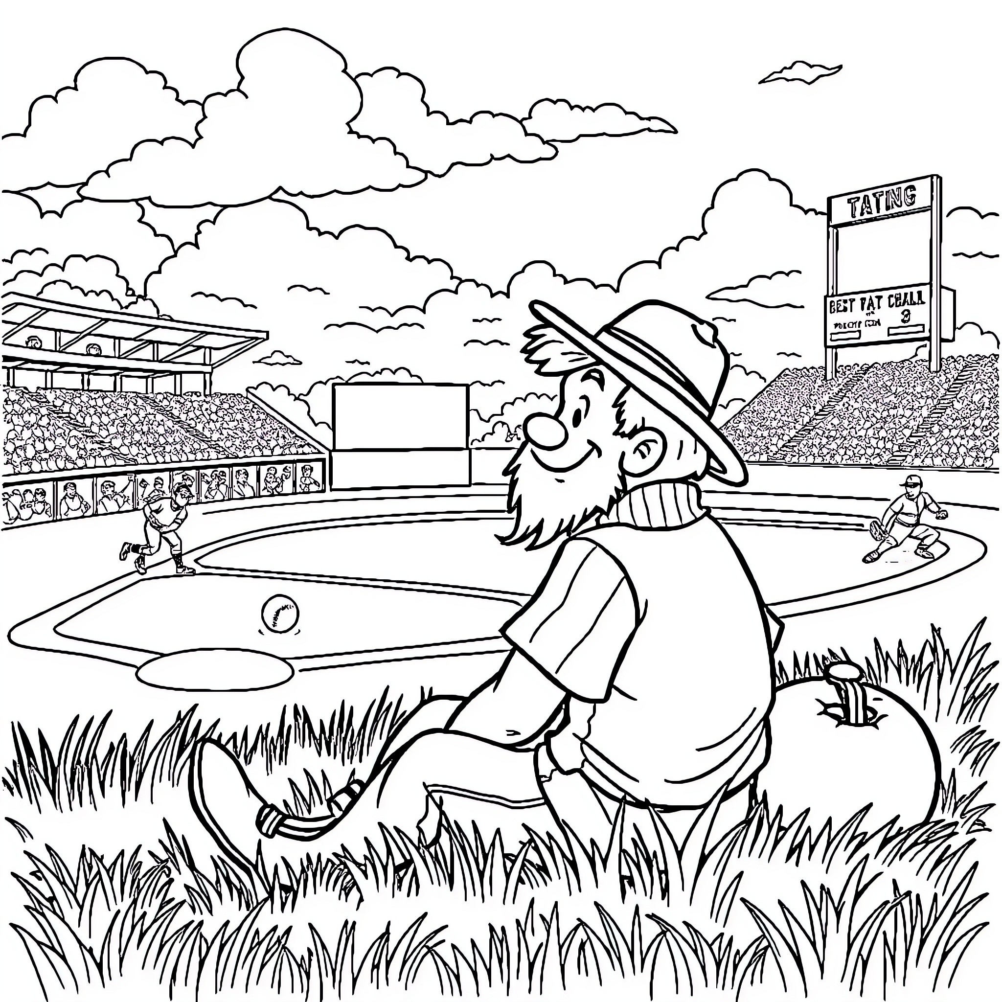 Johnny Appleseed enjoys a baseball game in the park Coloring Page (free black-and-white line drawing printable PDF for all, from beginners to advanced learners, including children, teens, adults, and seniors)