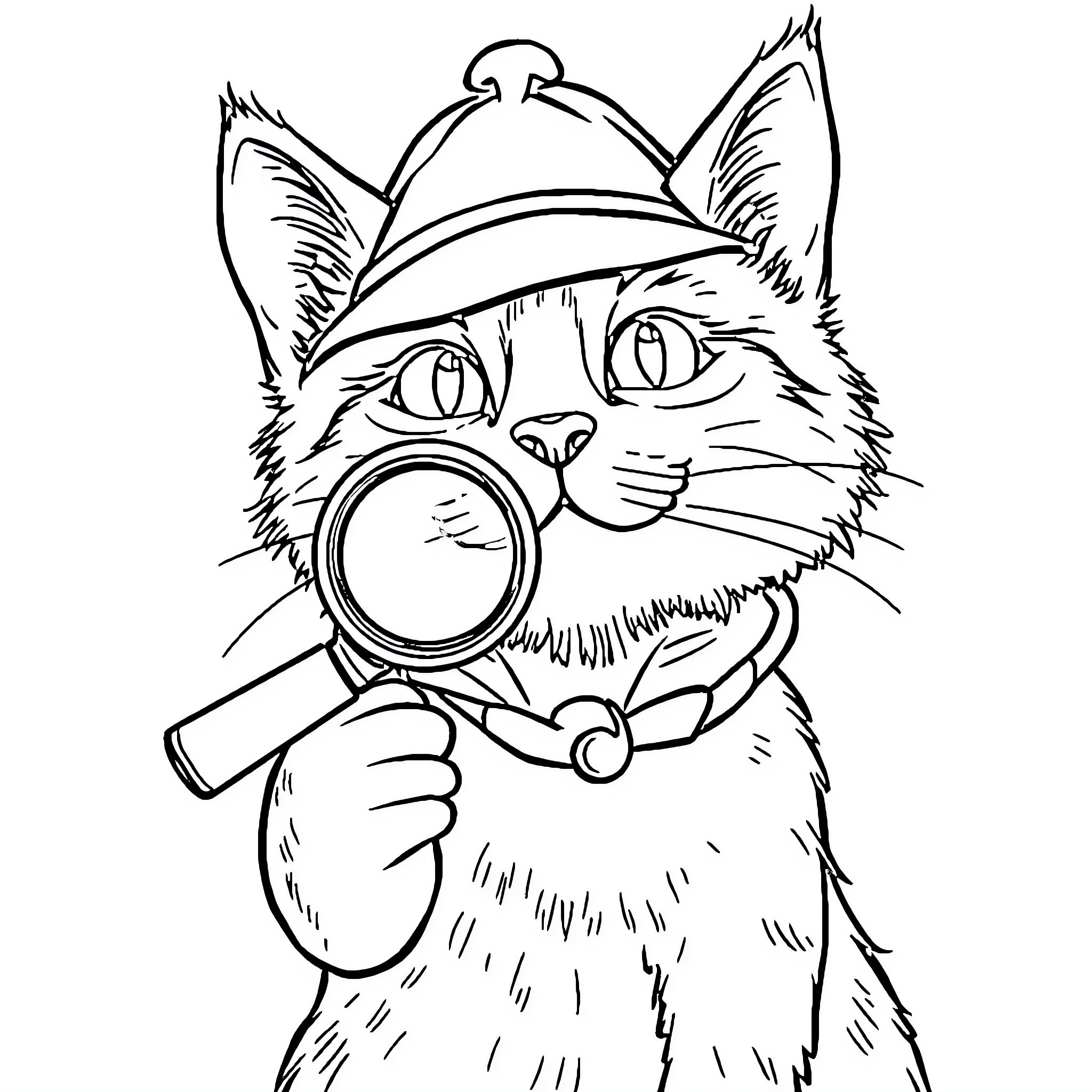 Cat Detective Examining with Magnifying Glass Coloring Page (free black-and-white line drawing printable PDF for all, from beginners to advanced learners, including children, teens, adults, and seniors)