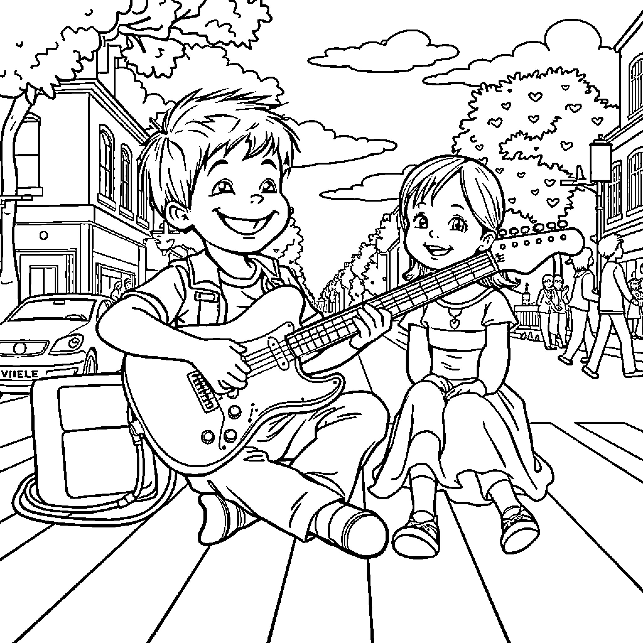 Boy plays guitar for happy girl on city street Coloring Page (free black-and-white line drawing printable PDF for all, from beginners to advanced learners, including children, teens, adults, and seniors)