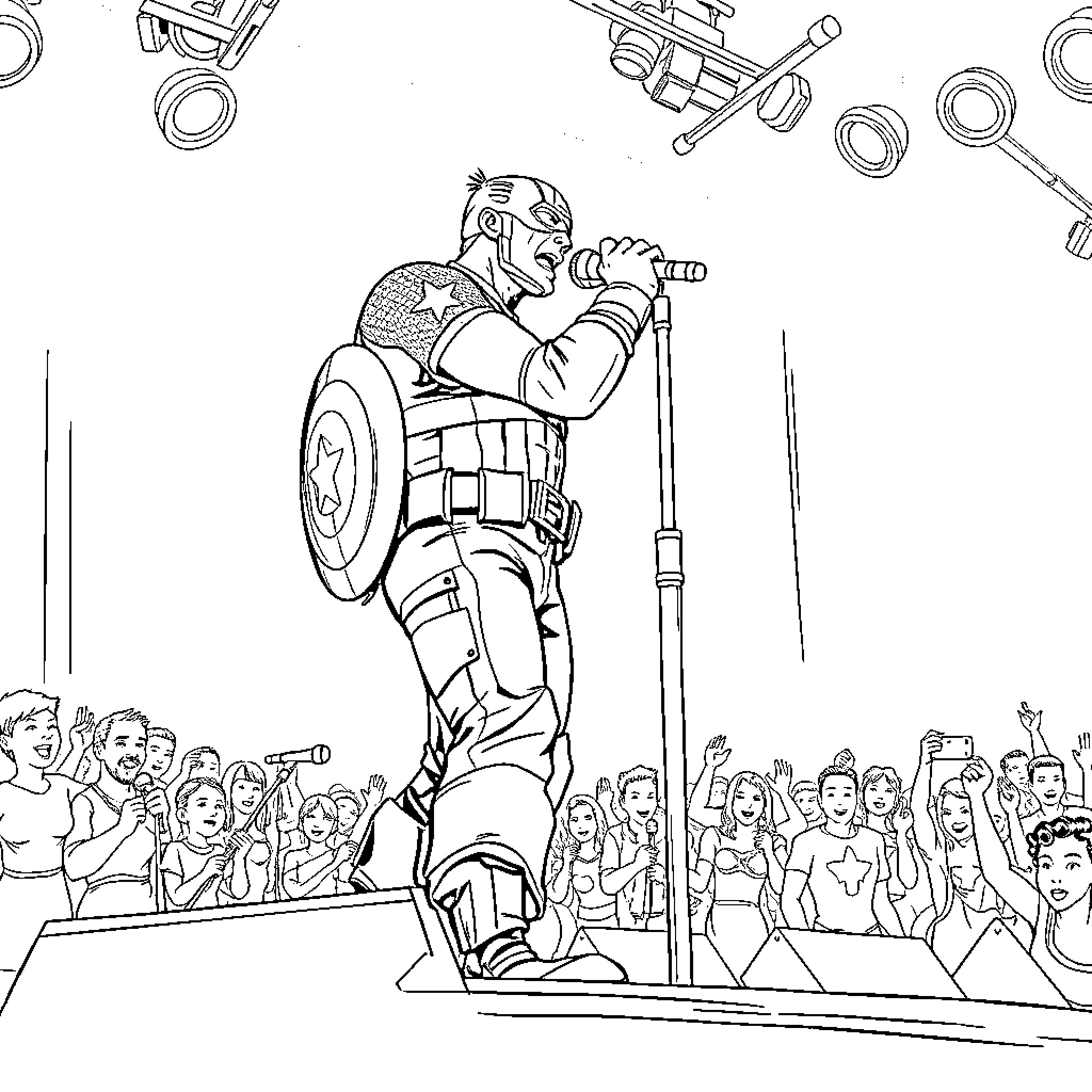 Captain America Performing for a Cheering Crowd Coloring Page (free black-and-white line drawing printable PDF for all, from beginners to advanced learners, including children, teens, adults, and seniors)