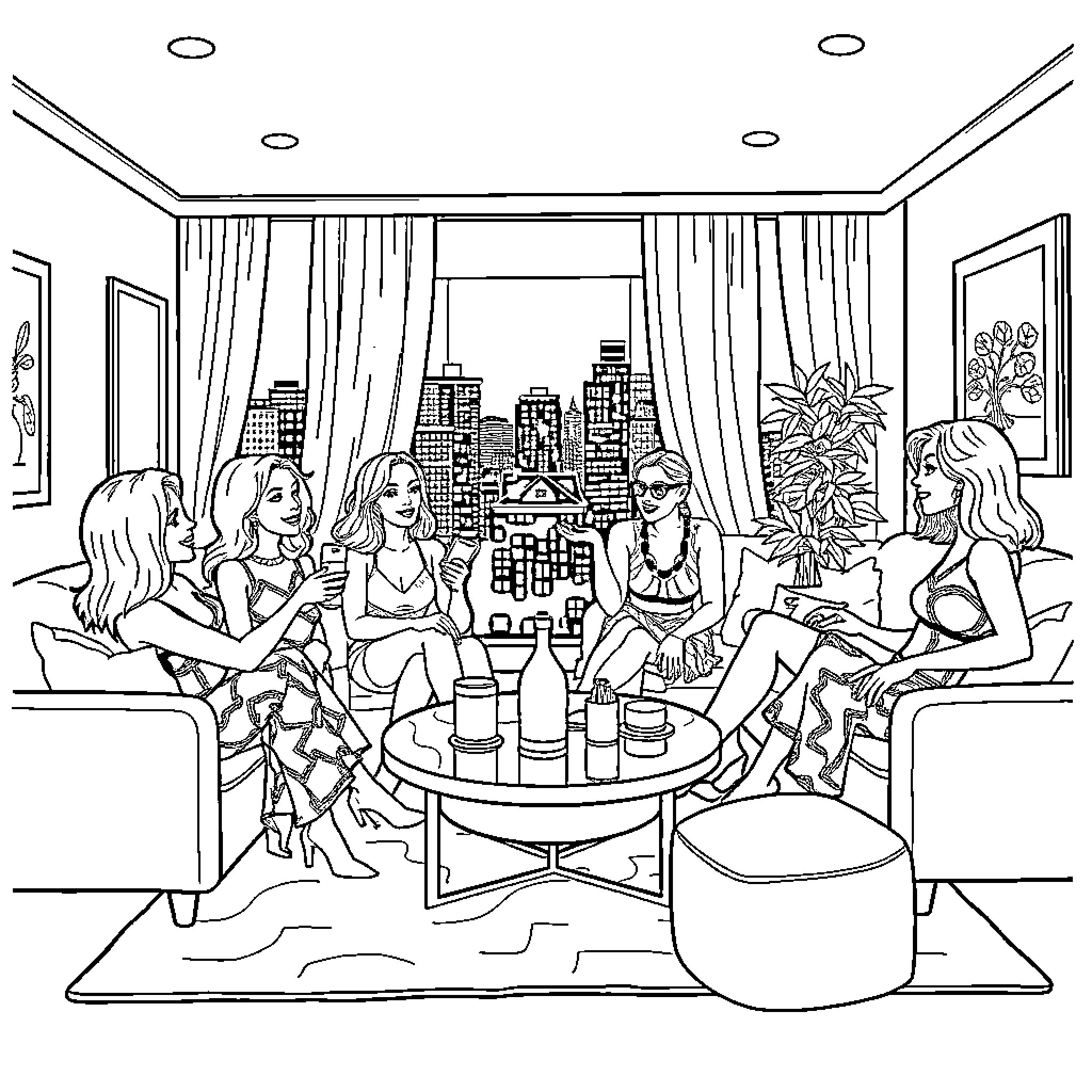 Housewives enjoying a social gathering in an urban setting Coloring Page (free black-and-white line drawing printable PDF for all, from beginners to advanced learners, including children, teens, adults, and seniors)