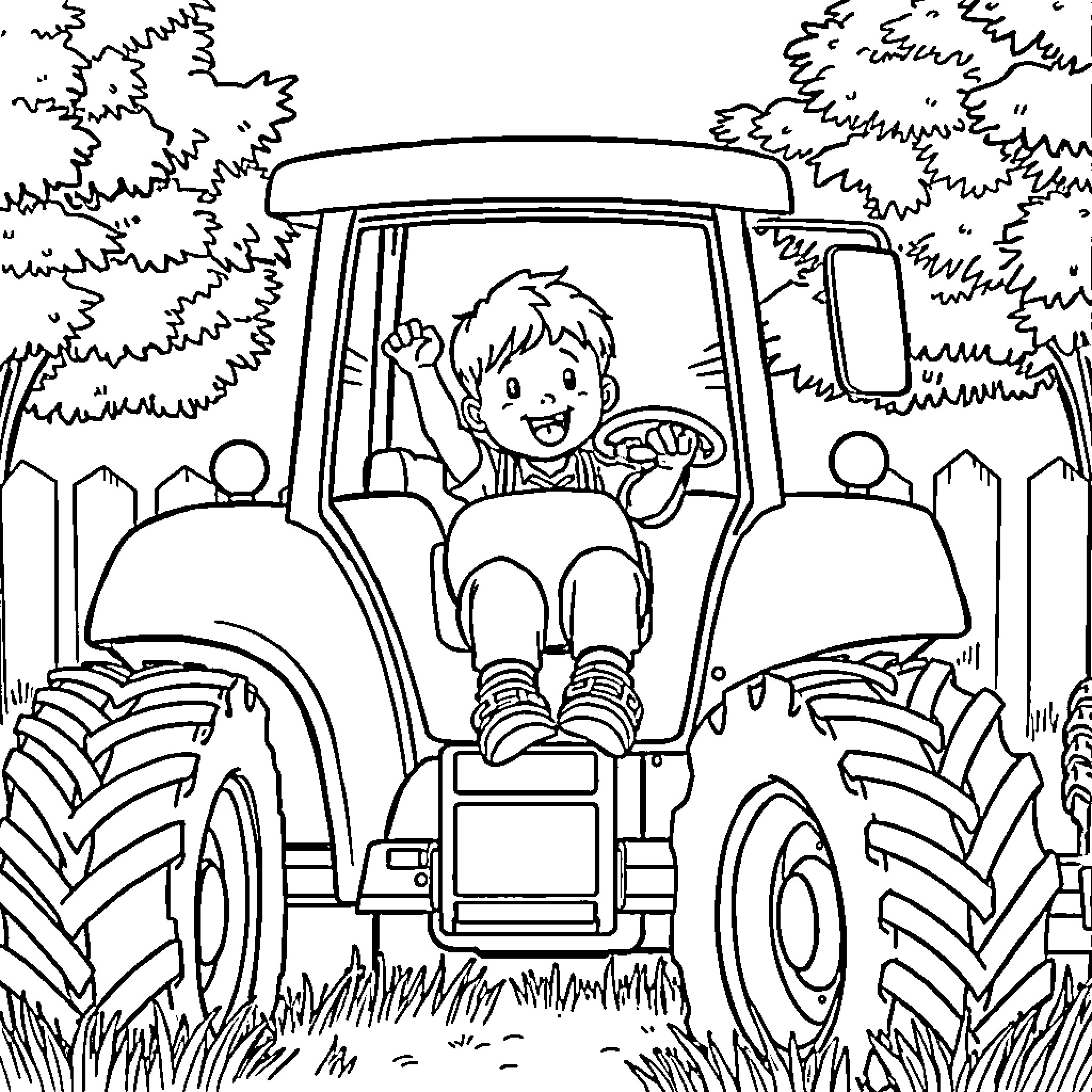 Boy driving a tractor on a farm Coloring Page (free black-and-white line drawing printable PDF for all, from beginners to advanced learners, including children, teens, adults, and seniors)
