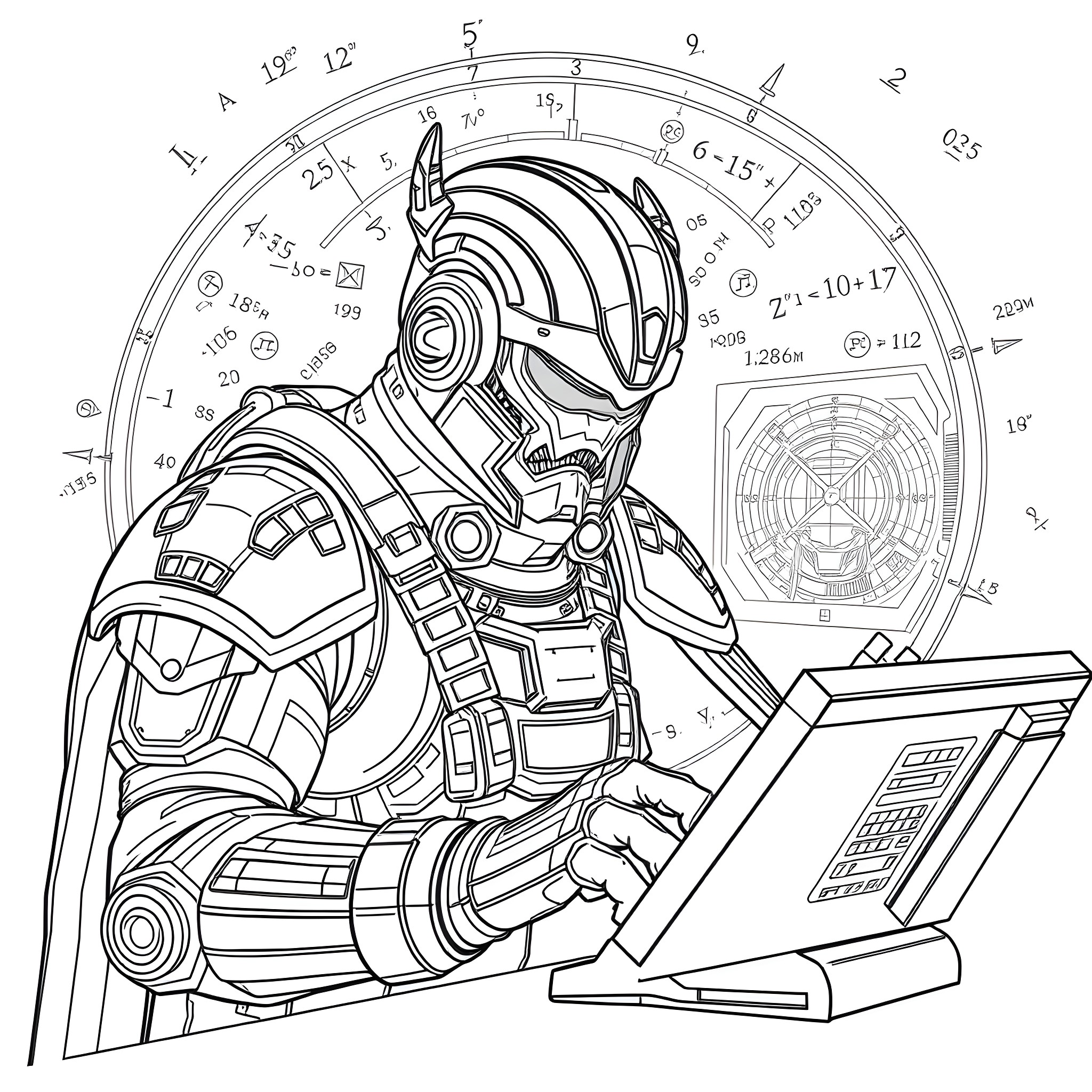 Tau: Futuristic Robot Figure Operating a Control Panel Coloring Page (free black-and-white line drawing printable PDF for all, from beginners to advanced learners, including children, teens, adults, and seniors)