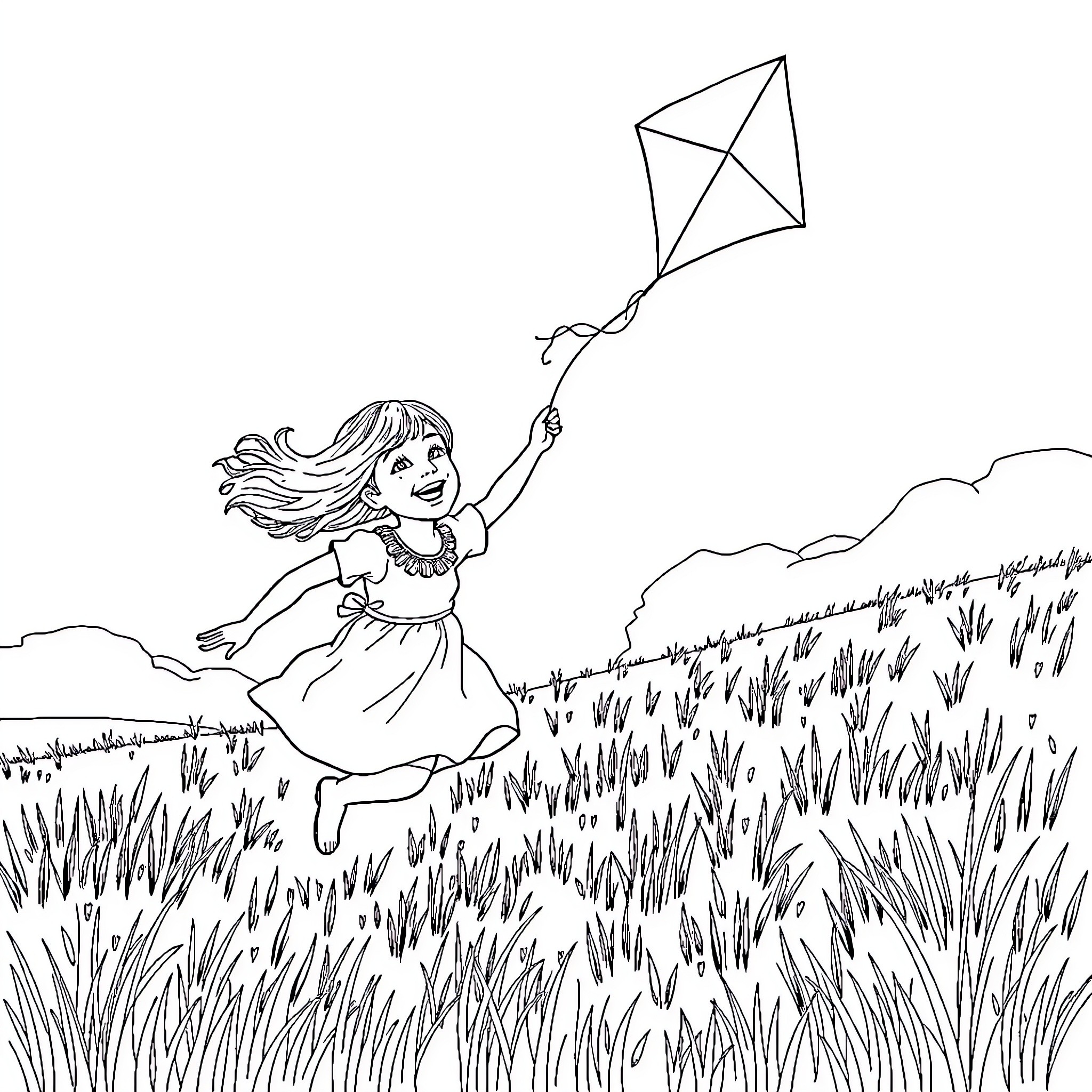 Girl flying kite joyfully in field Coloring Page (free black-and-white line drawing printable PDF for all, from beginners to advanced learners, including children, teens, adults, and seniors)